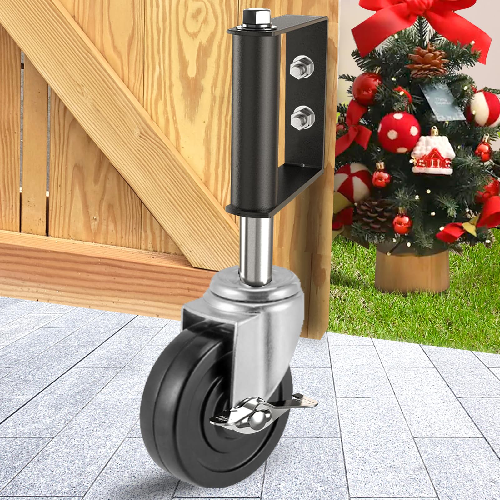 Heavy Duty Gate Caster, Spring Loaded Gate Wheel, Swivel Caster Wheels for Wooden Gate and Fence 250LBS Load Capacity 4 Inches Rubber Wheel (Black, 1)-picture-13