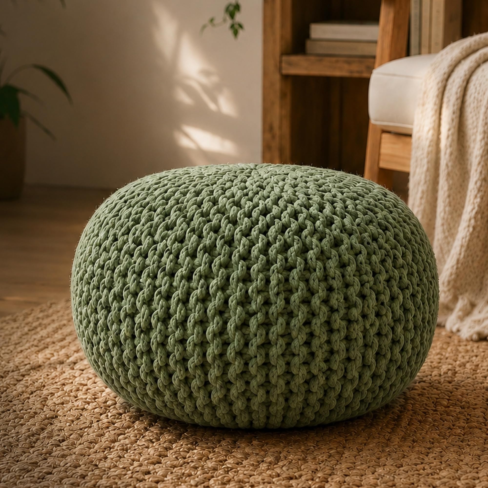 Habere India-All the Cultures Fabricating India Hand Knitted Cotton Pouf Green | Chunky Knit Round Ottoman Footrest | Soft Cozy Boho Seating for Living Room and Balcony (Green: L46 x W46 x H25)-image-17