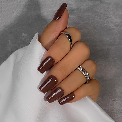 KQueenest Dark Brown Press On Nails Medium Long Square -