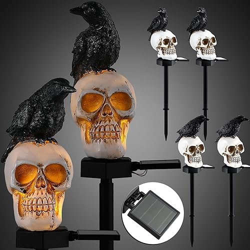 6 piezas de cráneo de Halloween decoraciones LED de luz solar de esqueleto cuervo luz impermeable con estacas aterradoras para fiestas, exteriores,