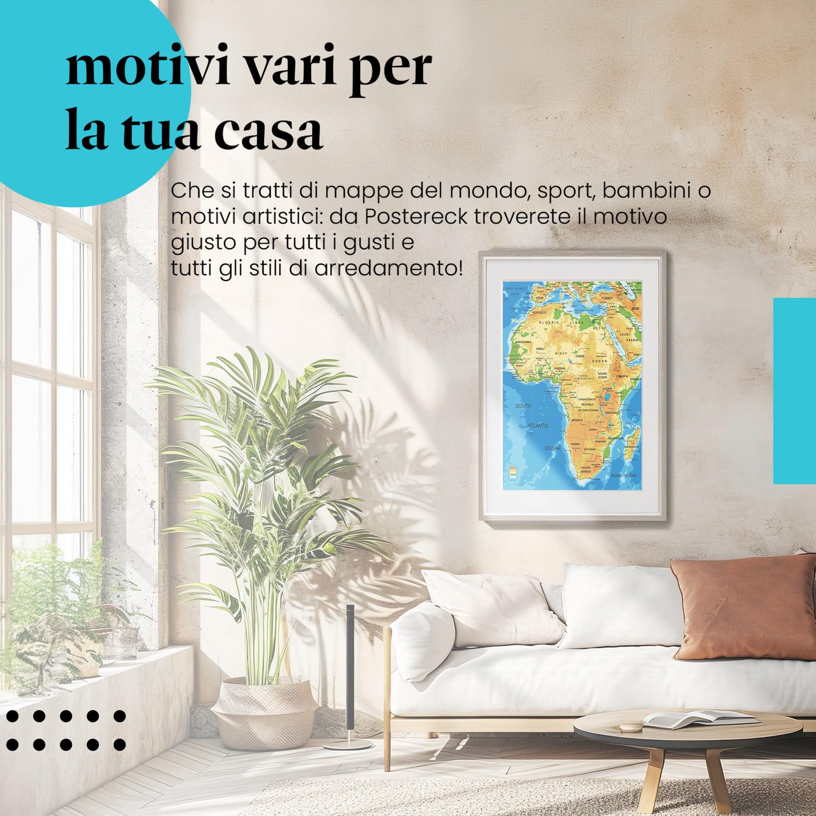 Postereck - 1043 - Mappa dell'Africa, capitali dei paesi in inglese - Decorazione Aula Scolastica, Materiale Didattico, Insegnamento, Quadri - Tela - 100,0 cm x 75,0 cm