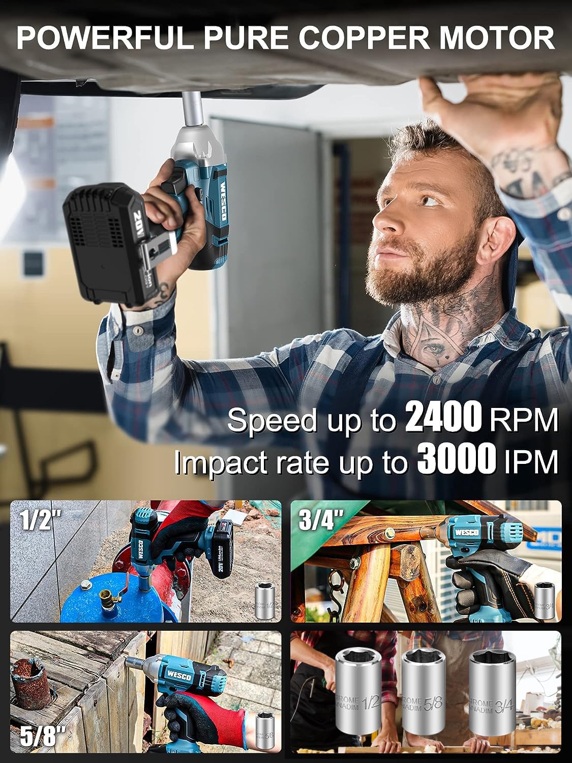 WESCO impact wrench in use for various applications, highlighting its powerful motor and impact rate.
