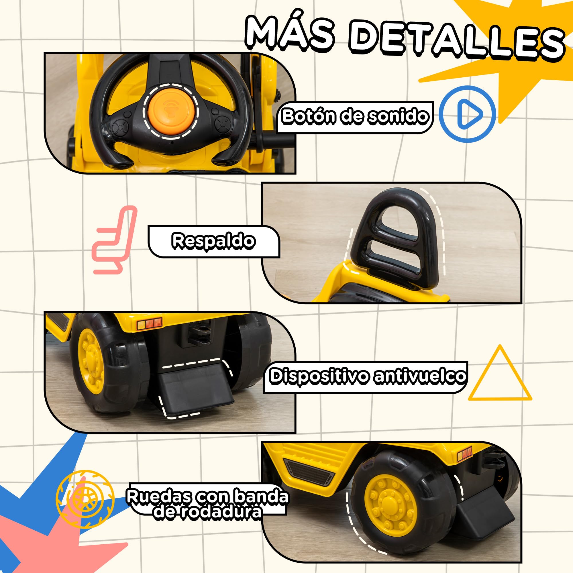 HOMCOM Tractor sin Pedales para Niños de +2 Años Excavadora Correpasillos Tractor Correpasillos con Pala Móvil Asiento de Almacenamiento y Bocina Carga 30 kg 83x27x39 cm Amarillo