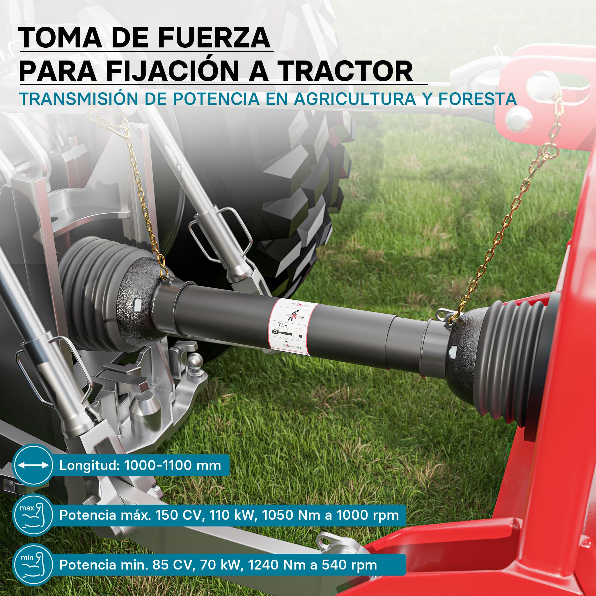 WilTec Toma de Fuerza T8 Eje transmisión cardán 1000-1100mm 1240Nm 540rpm PTO 110kW (150CV) 2x1 3/8" 6 Dien