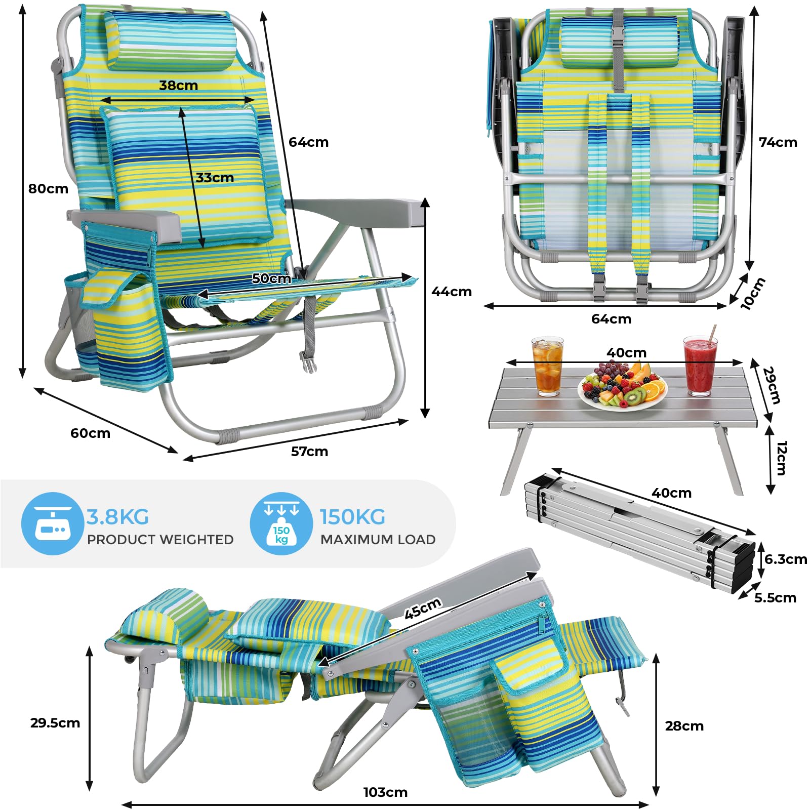 LIFERUN Strandstuhl Klappbar Leicht Aluminium 2er Set & Tisch, Rucksack Klappstuhl Strand, Campingstuhl Kann Flach Liegen,bis 150 kg belastbar, Outdoor Faltstuhl Verstellbarer Hohe Rückenlehne Grün
