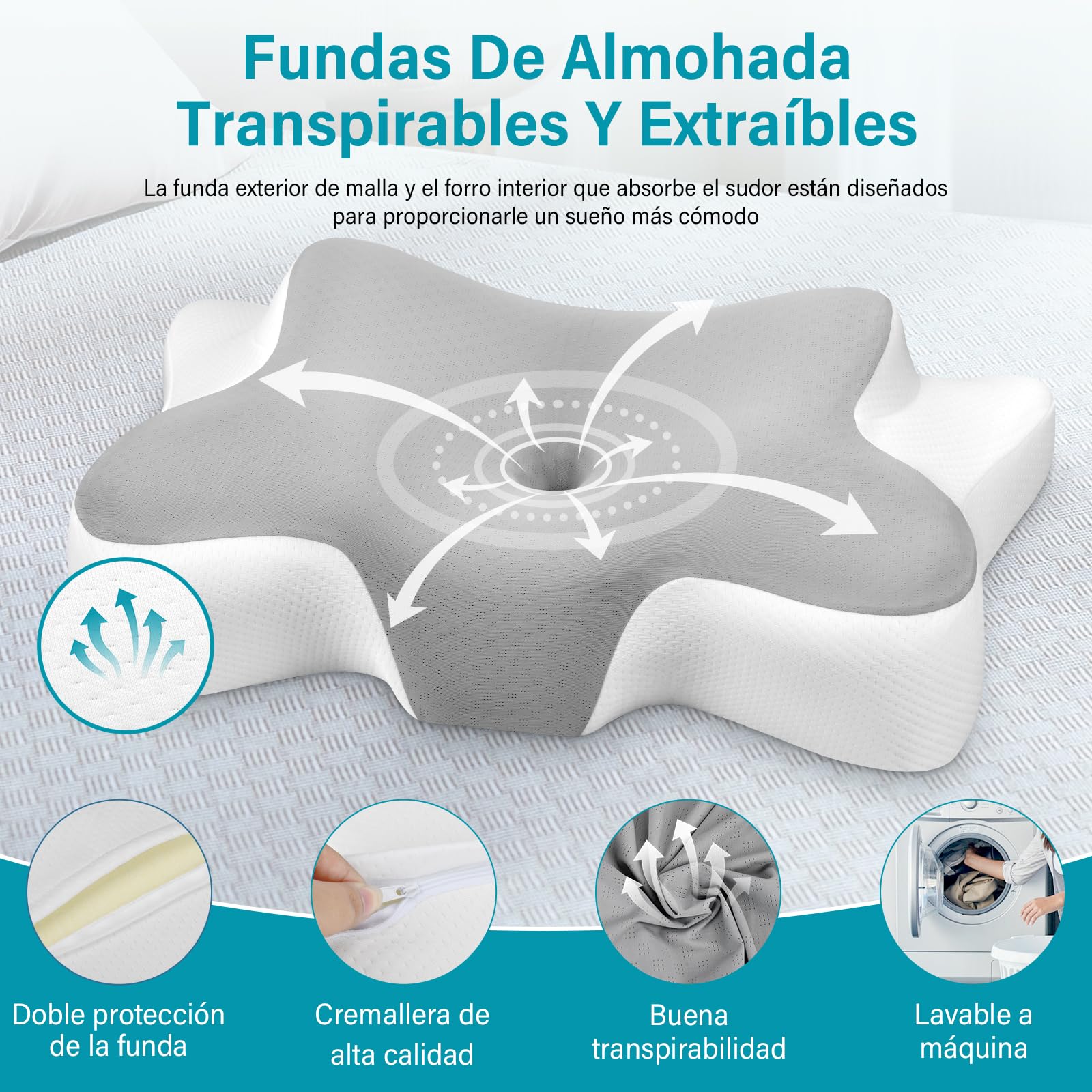 Almohada Cervicales y Cuello, Almohada Cervical en 2 Alturas, Almohada Viscoelastica con Funda de Almohada Extraíble para Dormir de Lado, Boca Arriba y Boca Abajo, 66x37x9/12cm (Plata)