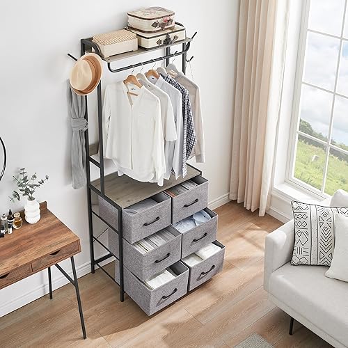 Miniatura 5 de GAOMON Perchero con 6 cajones, organizador de almacenamiento con marco de metal y parte superior de madera, perchero industrial con varillas para