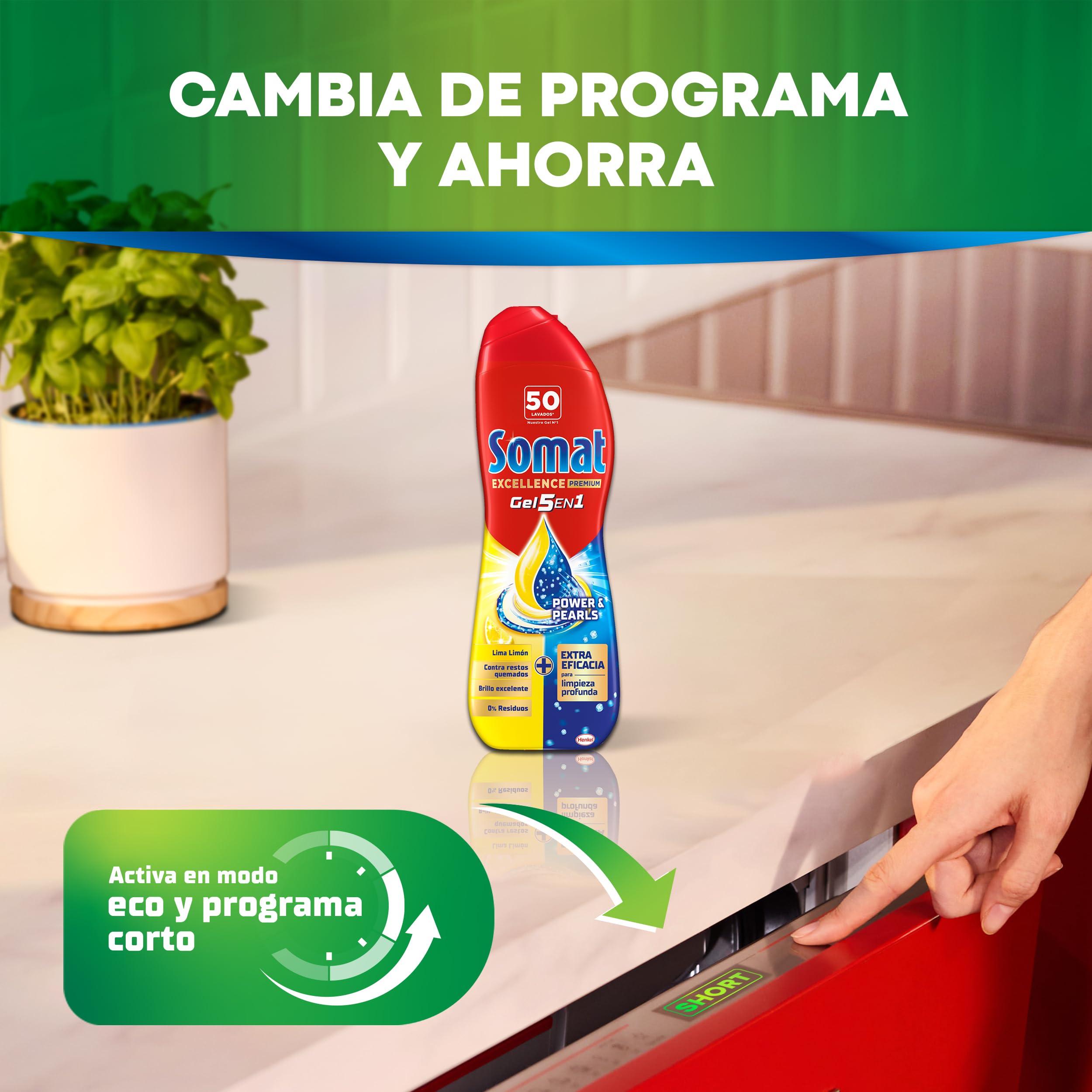 Somat Excellence 5 en 1 Gel Premium para Lavavajillas (200 Lavados), Detergente para Lavavajillas con Aroma a Limón, Para una Vajilla Perfectamente Limpia Incluso en Programas Eco y Ciclos Cortos