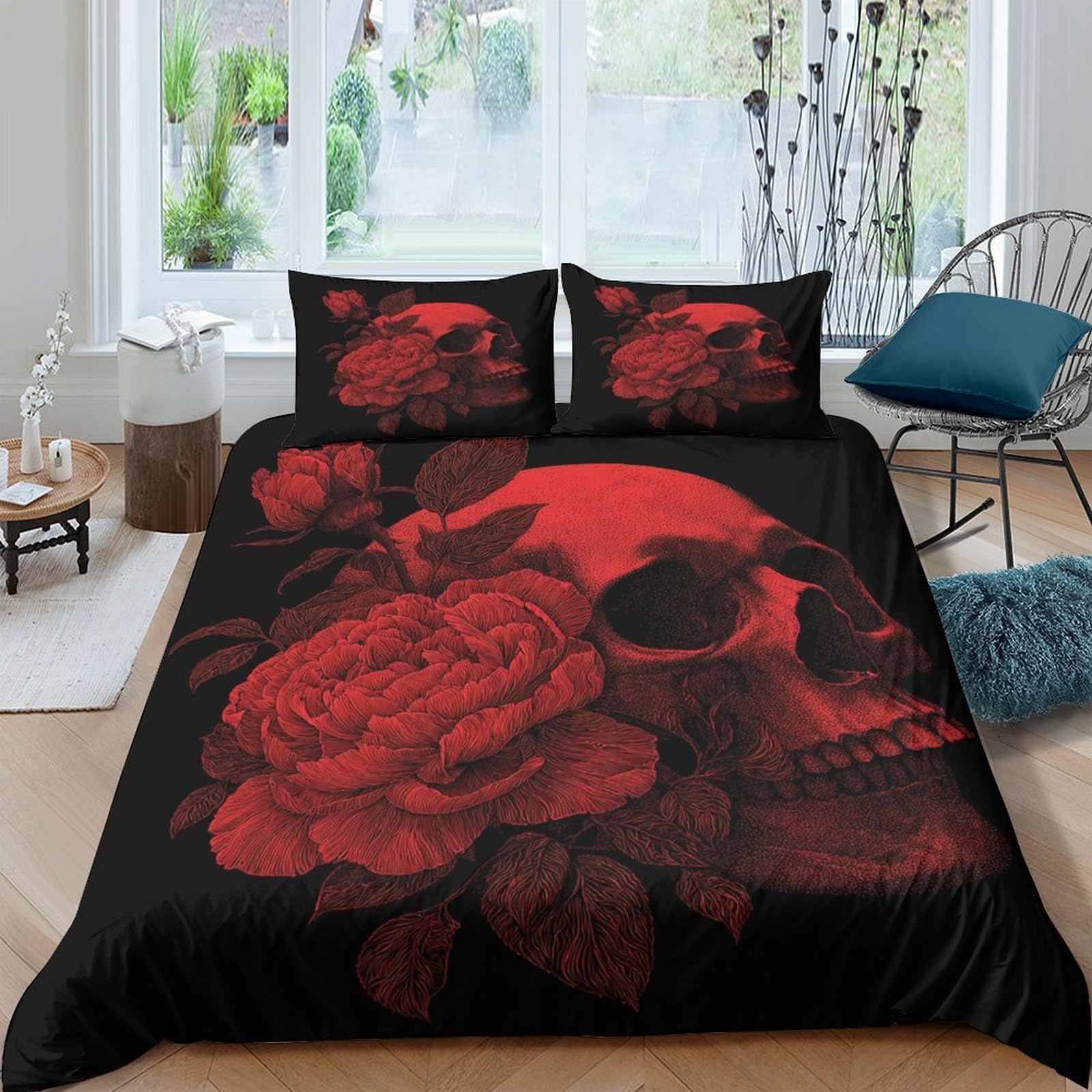 P5V6M1Q9 3D Printed Red Skull Rose Duvet Cover Microfiber Soft Breathable Gothic Floral Bedding Set with 2 Pillowcases for Bedroom Decor Single（135x200cm）