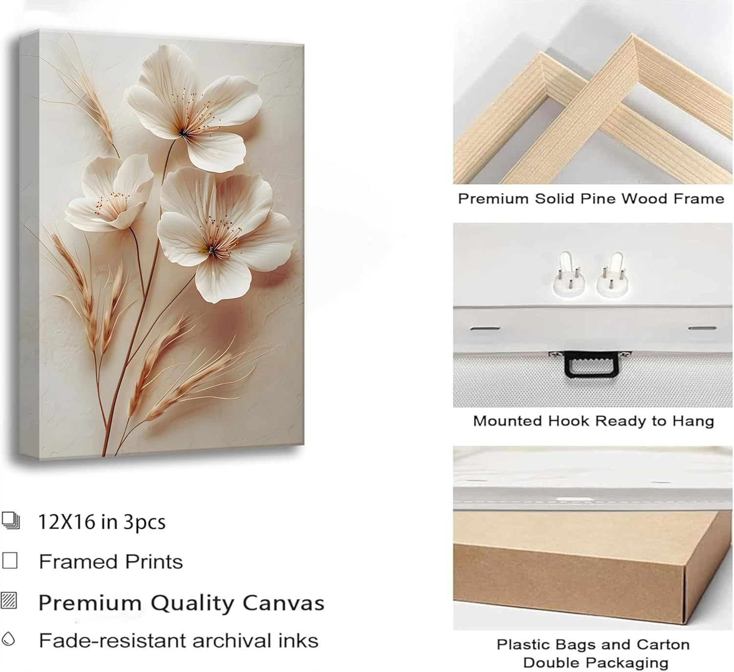 3Pcs Neutral Beige Floral Botanical Canvas Wall Art Modern Simple Texture Flower Plant Painting Picture Wall Decor Vintage Blossom Poster Print Artwork for Living Room Bedroom Bathroom
