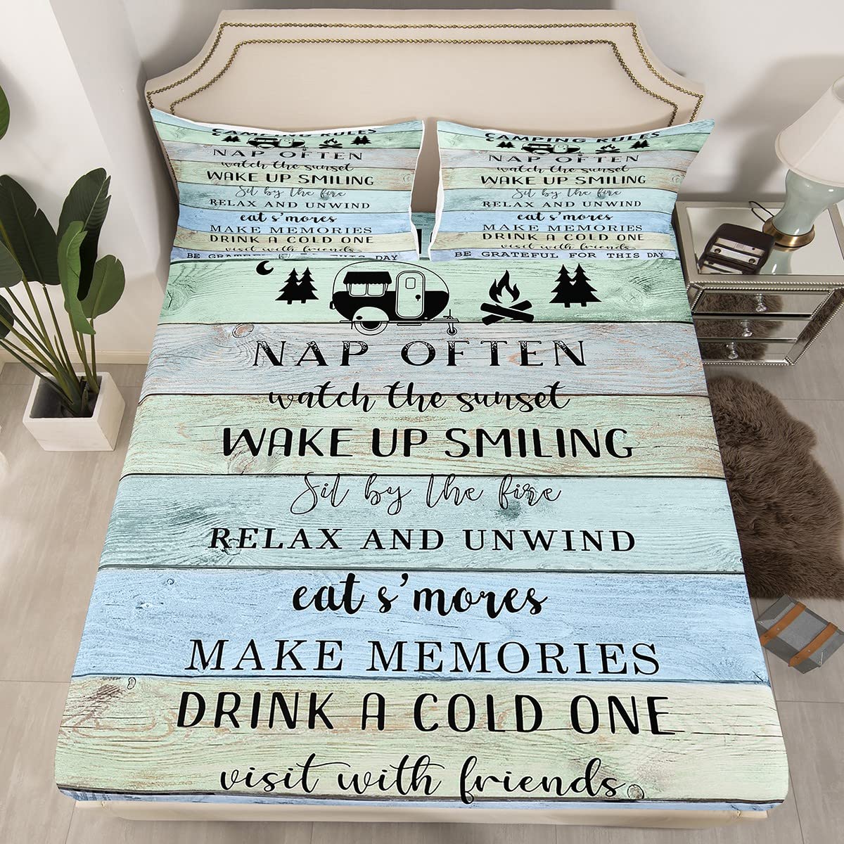 Camping Decor Bed Sheets for Rv Camper, Camper Rules Fitted Sheet Full, Lake Camper Door Bedding Set for Kids Teens Adult Bedroom, Rustic Farmhouse