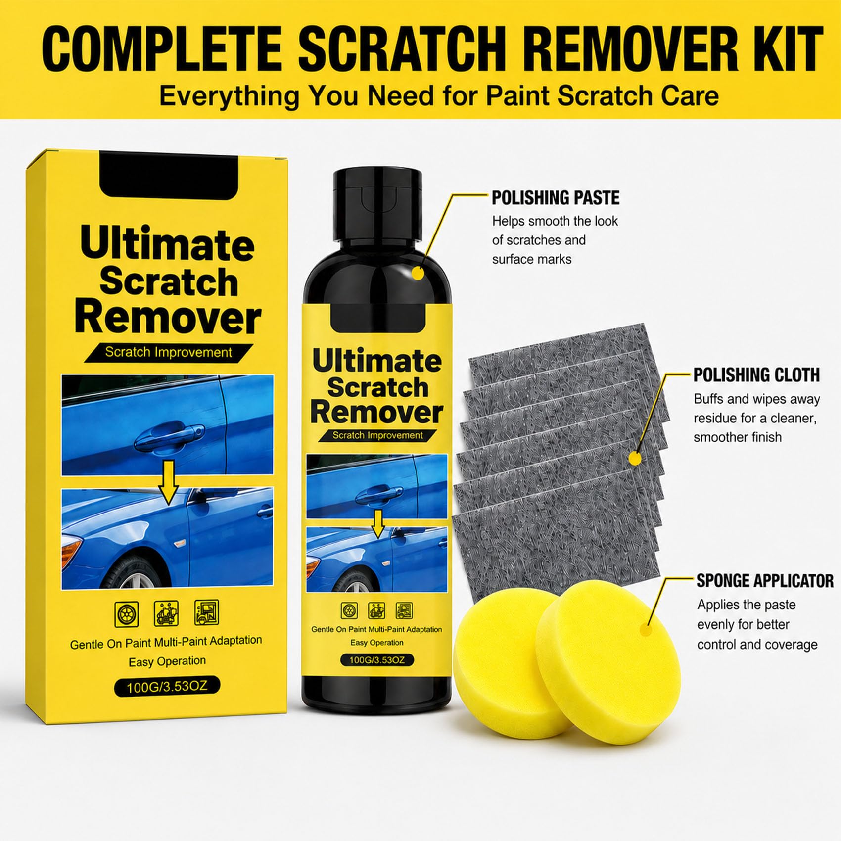 Car Cloth Scratch Remover Kit, Nano Cloth Car Scratch Remover with Paste and Sponge for Light Scratches, Scuffs and Swirl Marks (1pcs)