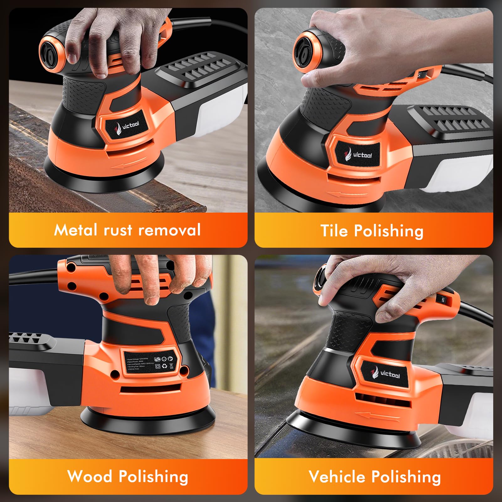 Ponceuse excentrique 350 W, ponceuse 125 mm, 6 vitesses, 6 000 à 13 000 tr/min, avec bac à poussière et 14 papiers abrasifs, idéale pour les projets de travail du bois, les travaux de bricolage