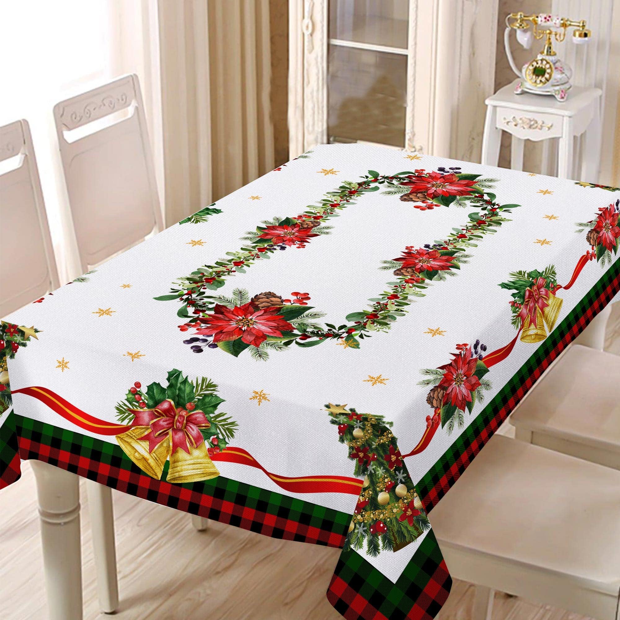 Christmas Tablecloth Winter Table Cloth for Rectangle Table 52 x 70 White Snowflake Xmas Tree Holiday Farmhouse Rustic Parties Outdoor Decor Red Buffalo Plaid Check Green Holly Christmas Table Cover