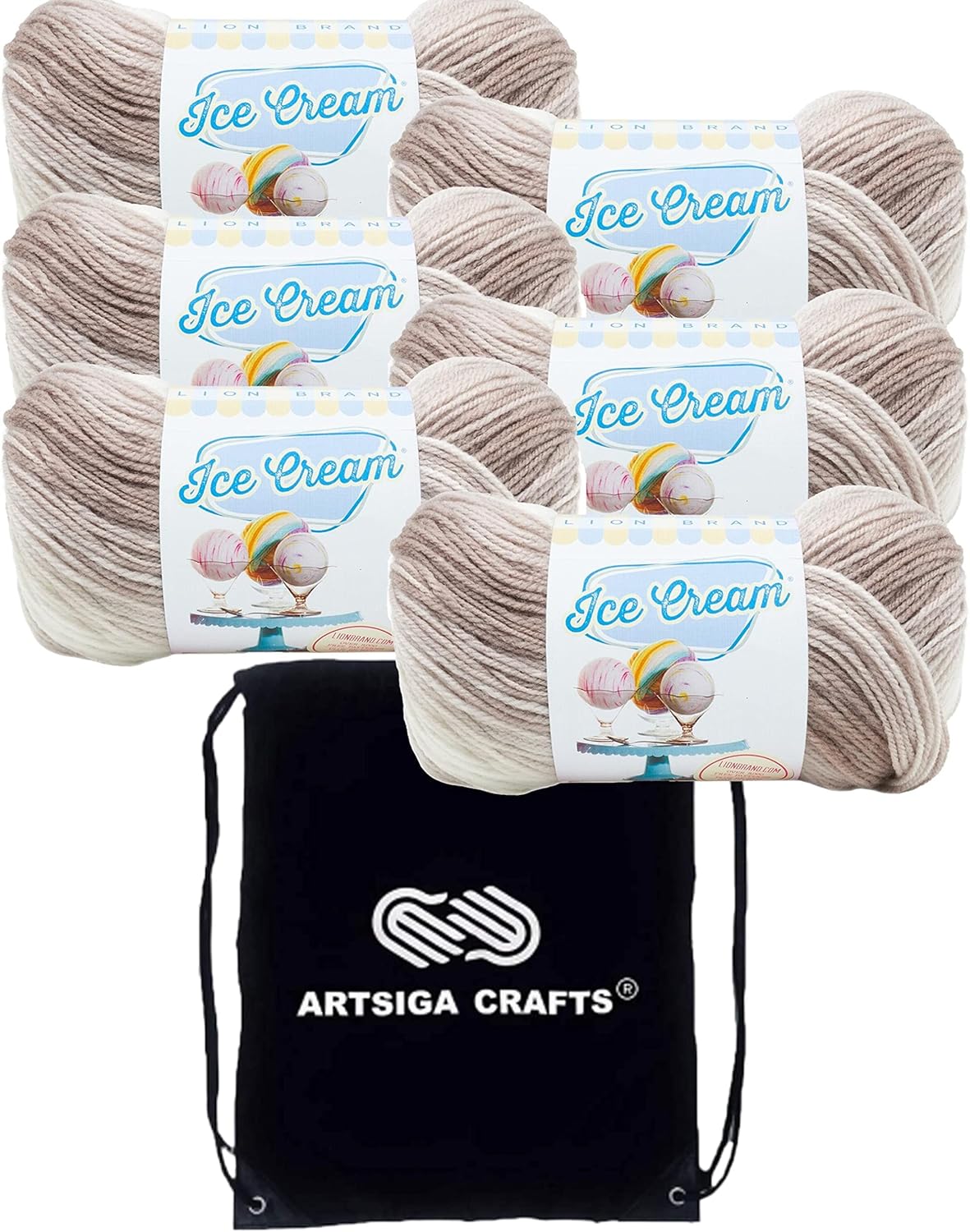 Lion Brand Ice Cream Coffee 923-212 (6-Skeins - Same Dye Lot) Baby Sport #2 Acrylic Yarn for Crocheting and Knitting with Project Bag