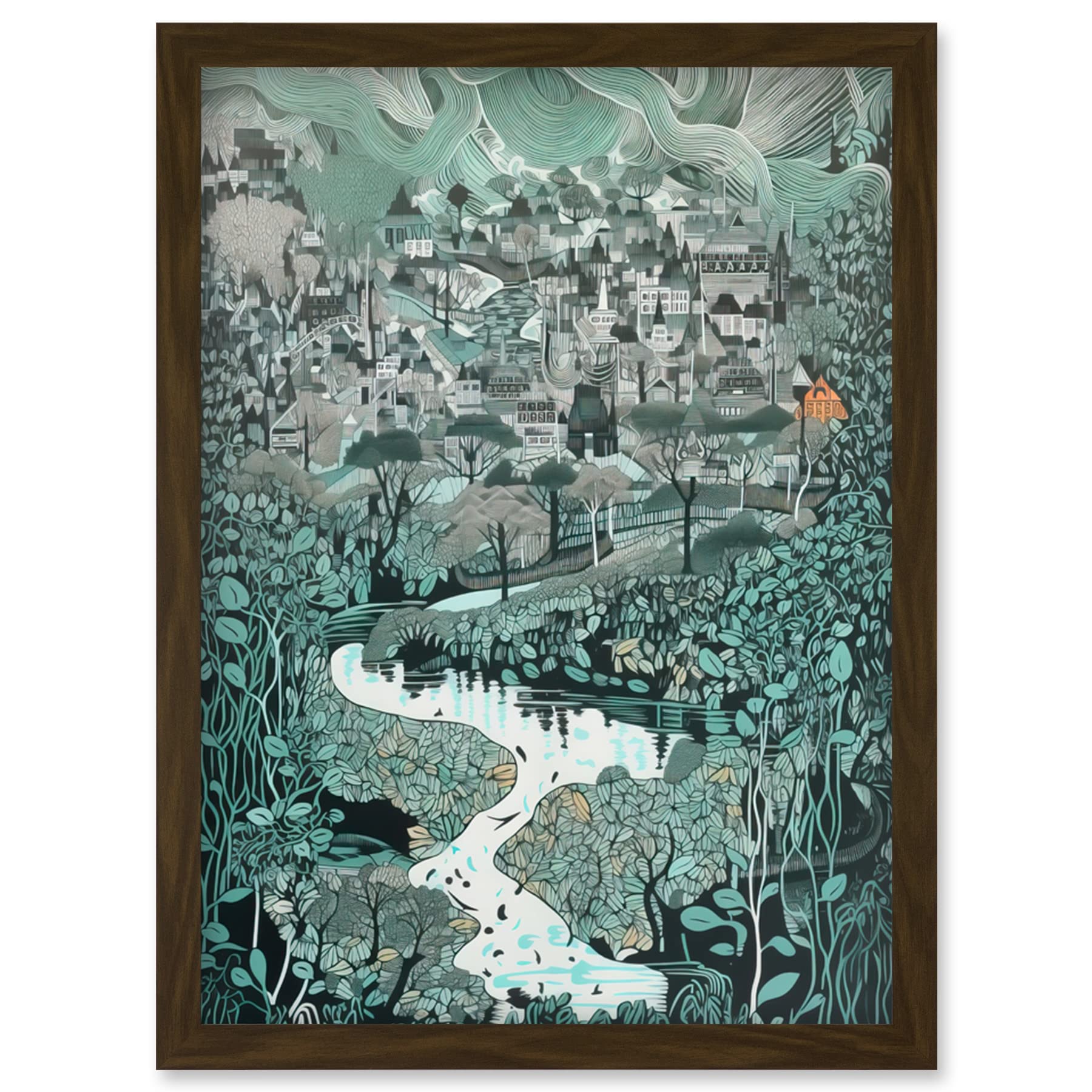 Artery8 Village Near River Forest Landscape Blue Linocut Artwork Framed Wall Art Print A4