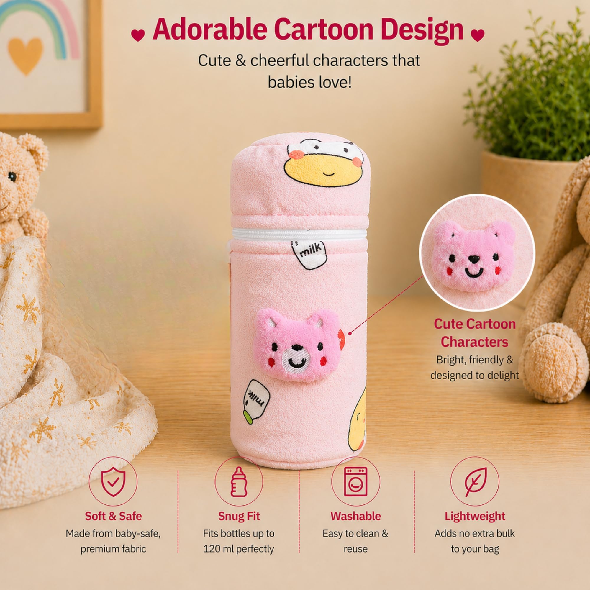 THE LITTLE LOOKERS Soft Plush Stretchable Baby Bottle Cover with Easy to Hold Strap | Cute Animated Overall Print Pack of 2 (Pink & Yellow, Zip Closure 120ml,150ml) 1
