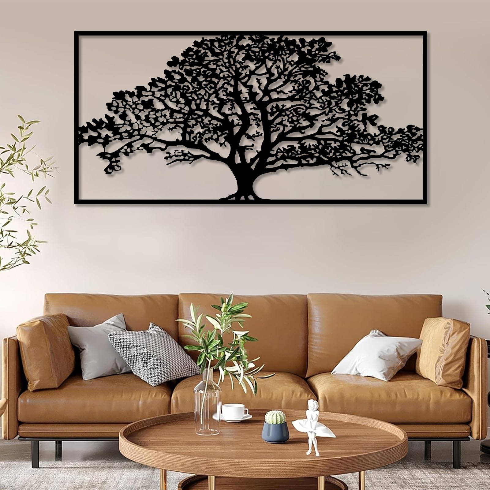 Metalowa dekoracja ścienna drzewo życia wiszące rzeźba z gałęziami idealna do salonu sypialni i biura kolor czarny rozmiar 121 x 59 cm (48 cali x 23 cali)