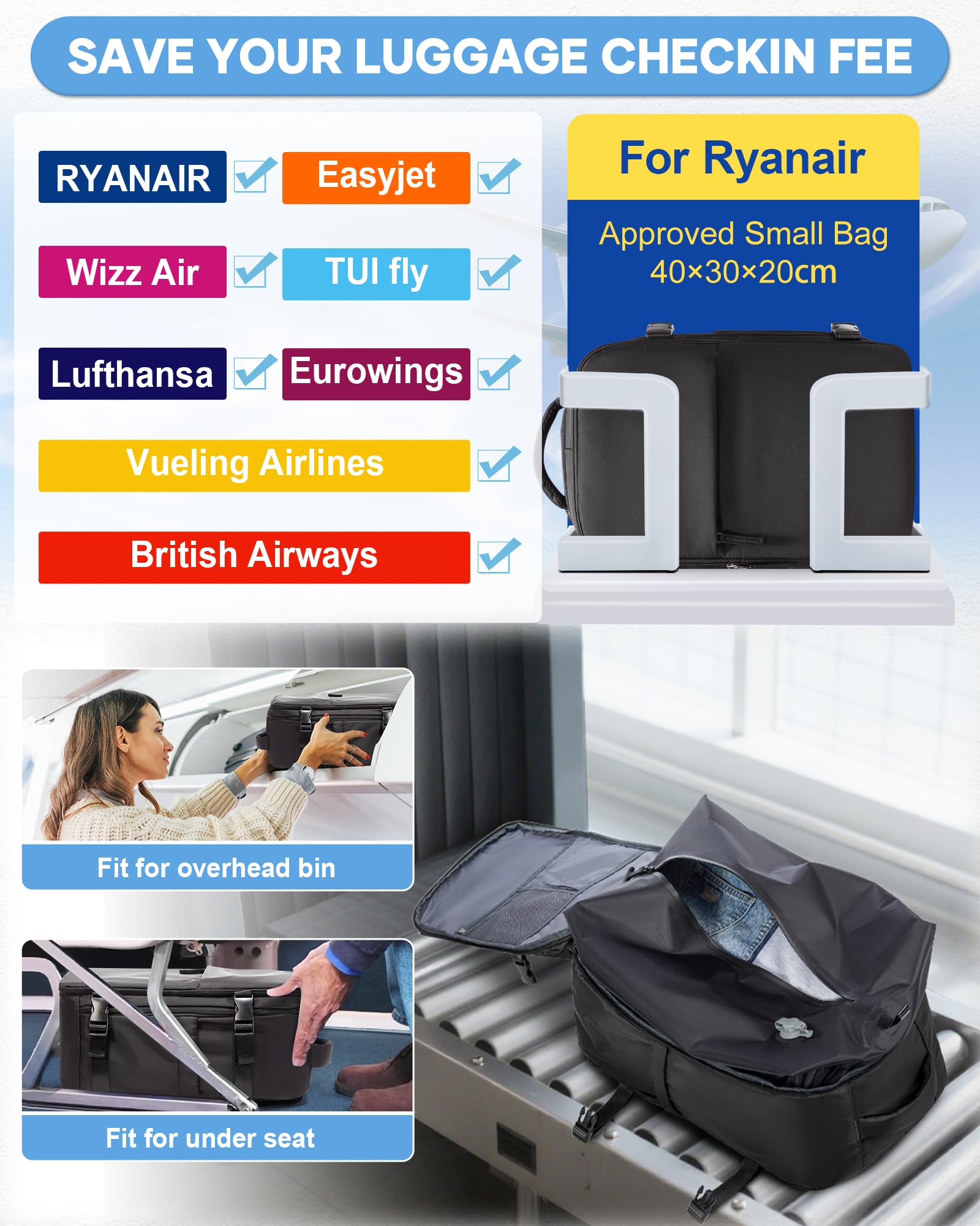 BJLFS Zaino da Viaggio con Sottovuoto Ryanair 40x30x20 Wizzair Bagaglio a mano 40x20x25 Ryanair con Pompa Borse da Cabina per Easyjet 45x36x20 con compressione sottovuoto,Zaino Casual per Laptop