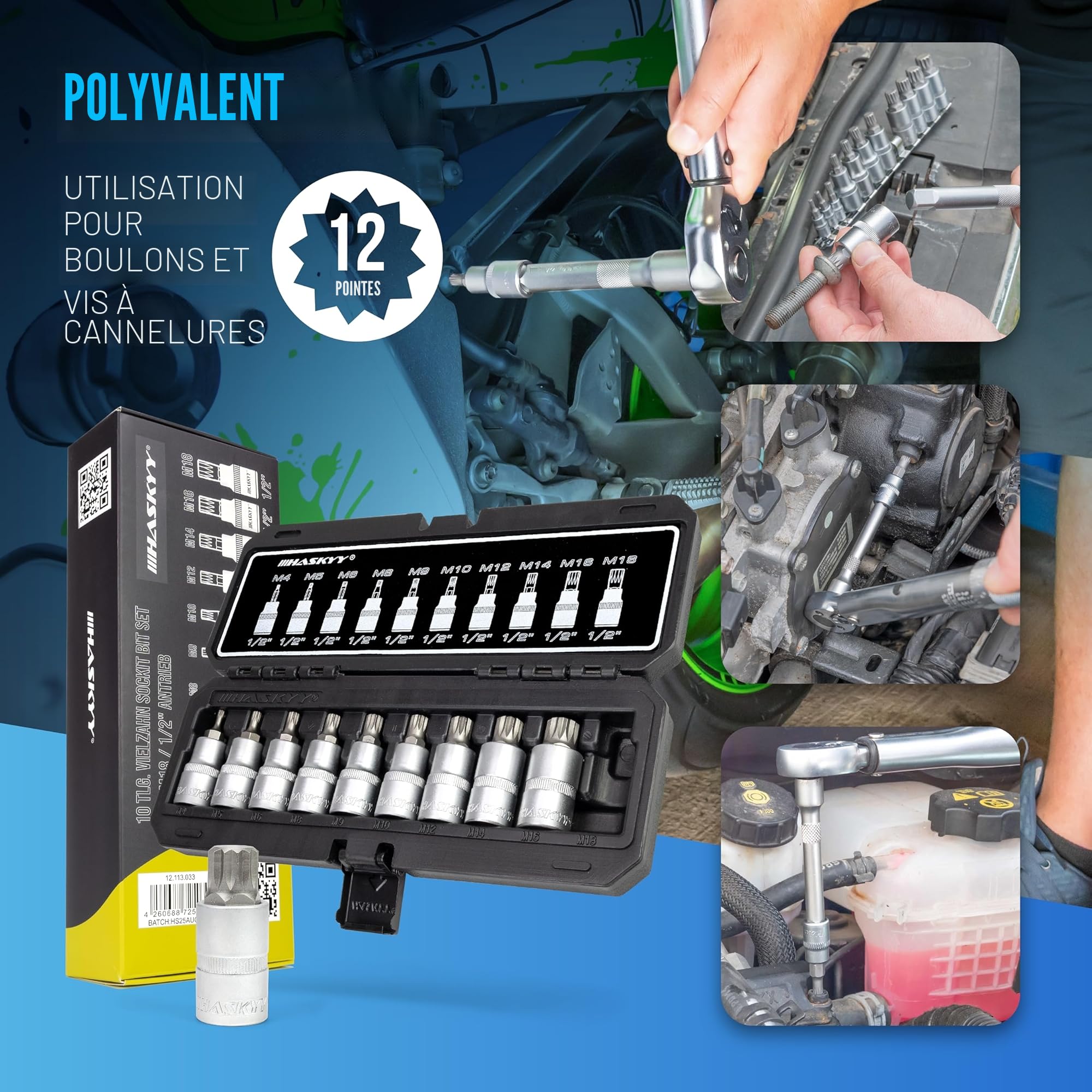 Jeu de douilles XZN à denture multiple pour clé à cliquet de 1/2" - Ensemble de 10 embouts M4, M5, M6, M8, M9, M10, M12, M14, M16, M18