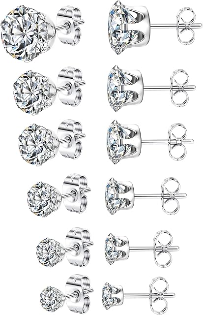 KALVICA 6 Pairs Silver Stud Earrings for Women Men Girls Small Cubic Zirconia Stud Earrings Simulated Diamond Earrings Set for Multiple Piercings Hypoallergenic Cartilage Studs