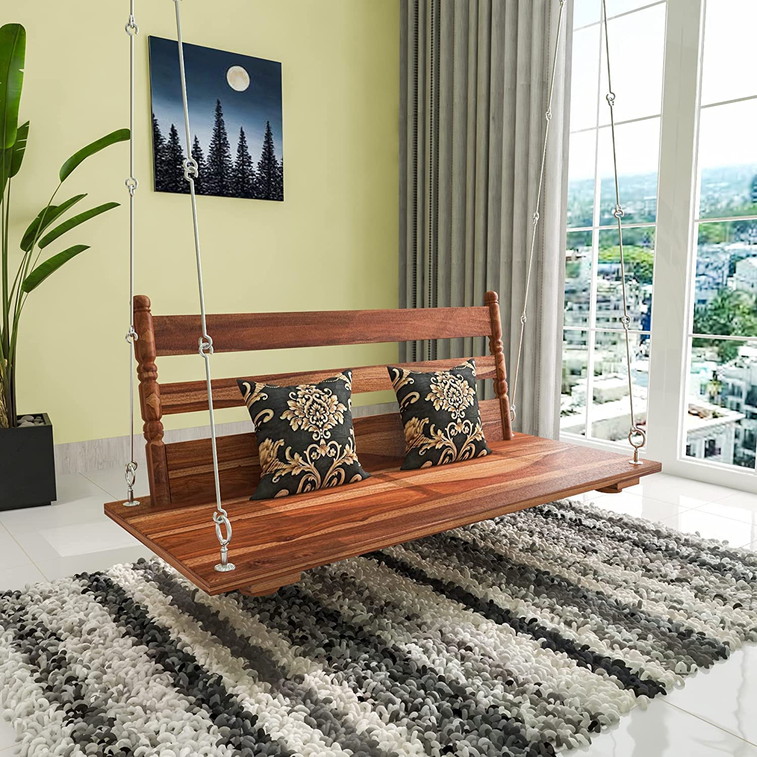 3 Seater Swing Wooden Jhula Spar | 52 Inch | Home Indoor Wooden Jhula- Natural Teak Wood Finish-image-10