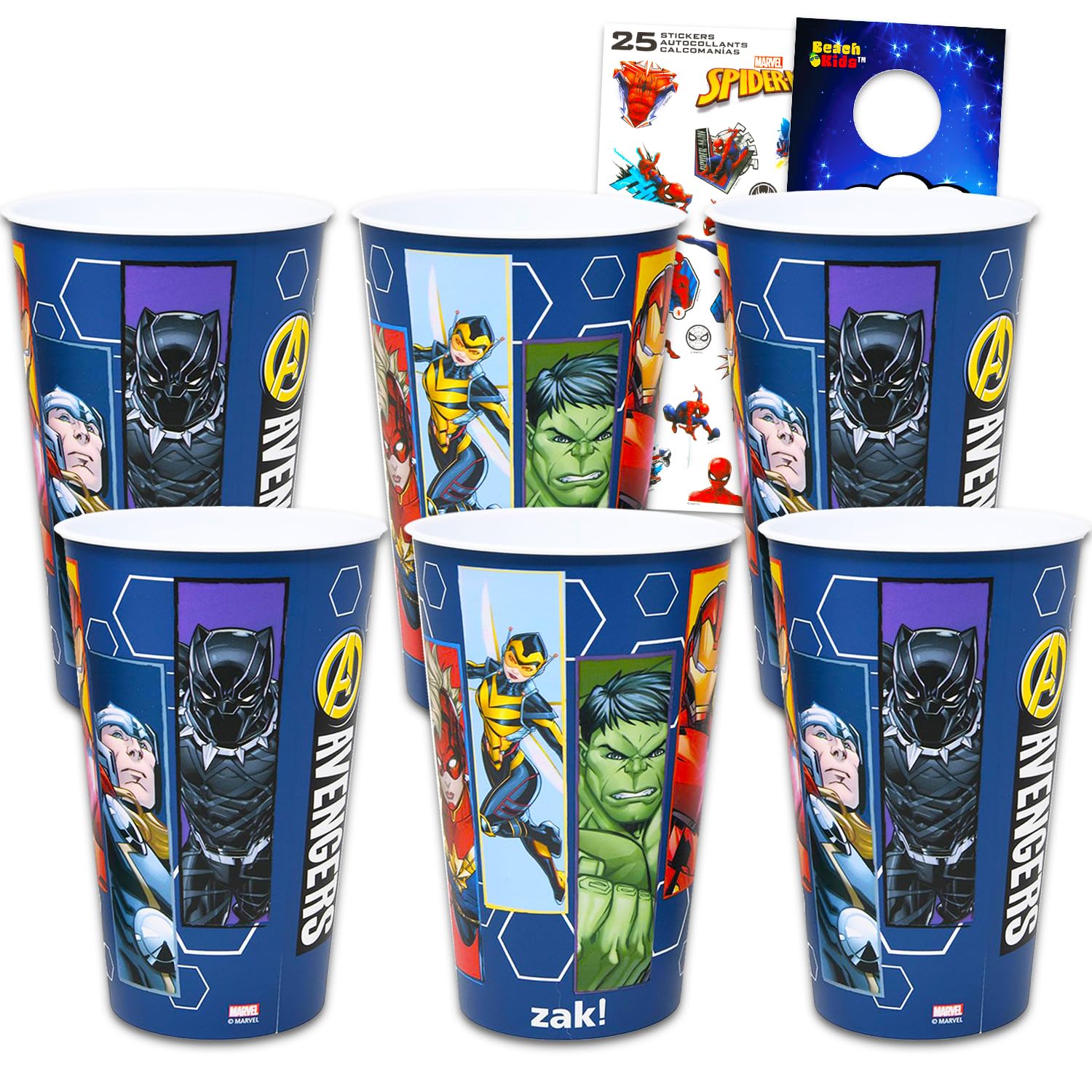 Marvel Avengers Reusable Tumbler Cup Pack Party Favor 6 Piece Bundle with 24 Oz Cups Plus Stickers, More | Bulk Avengers Water Tumblers