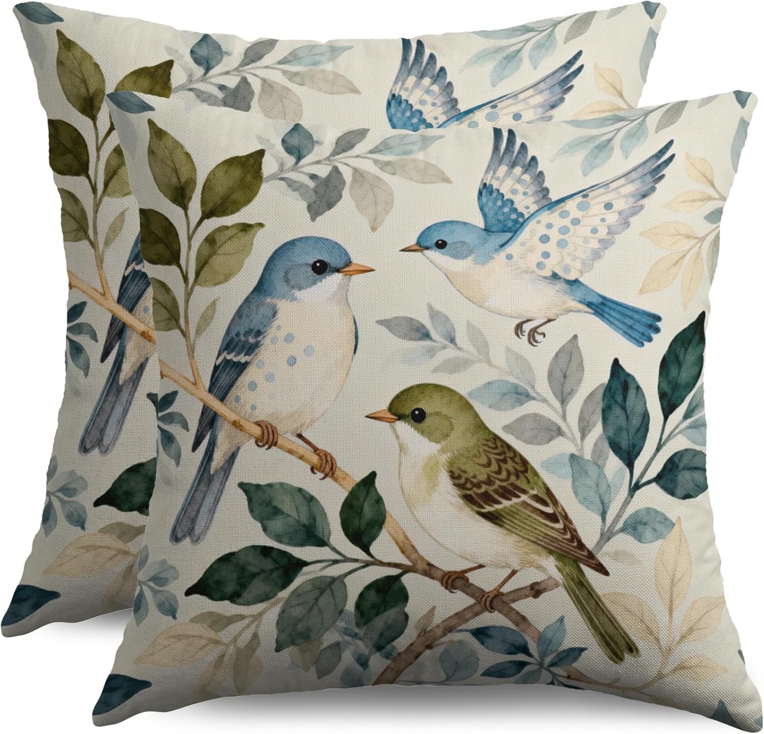 Bird Pillow Covers 24x24 Set of 2, Blue Green Vintage Spring Leaf Pattern Decorative Throw Pillowcases Outdoor Cushion Cases Country Rustic Farmhouse Home Decor for Sofa Couch Bed