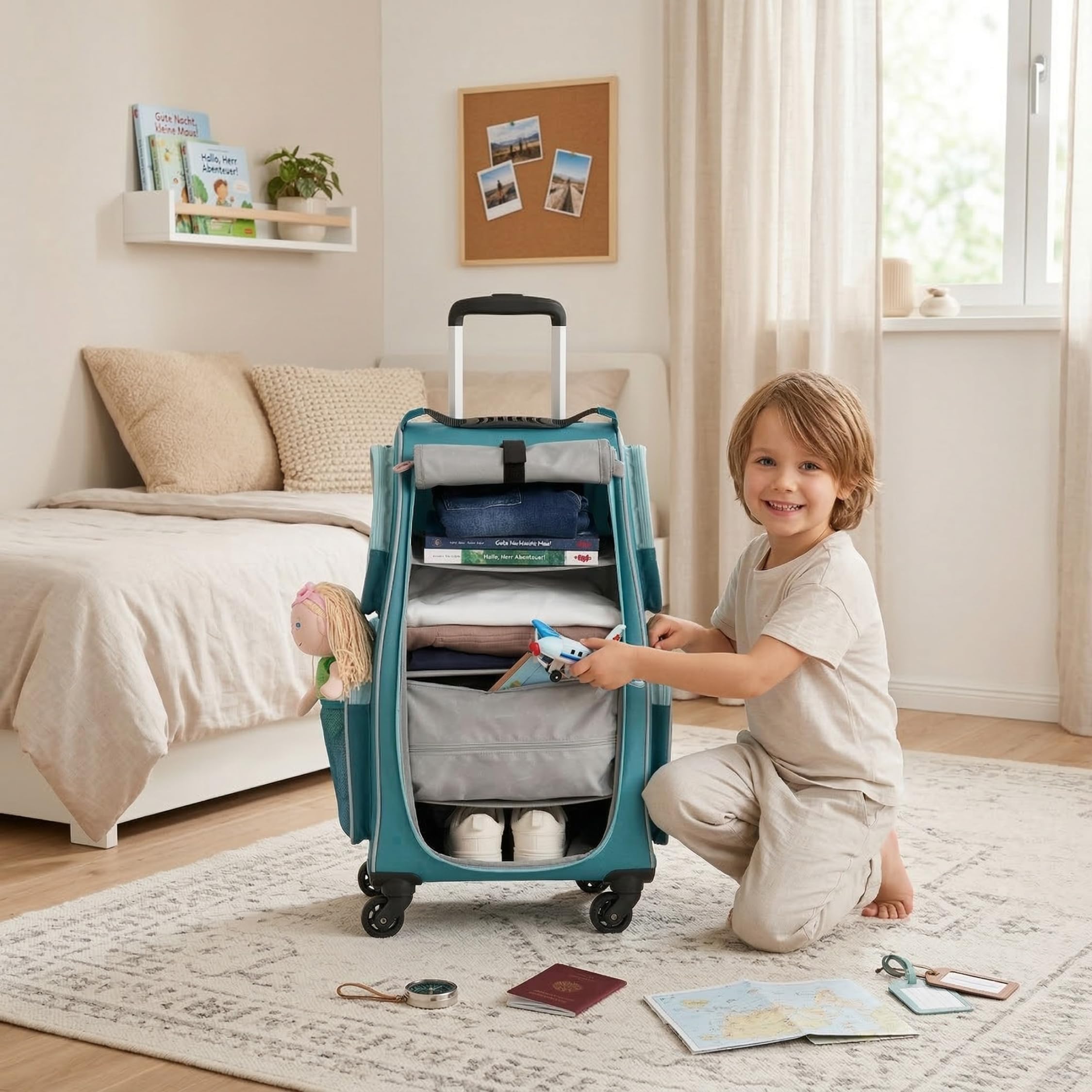 HABA Kinder-Schranktrolley Petrol mit 4 Rollen – Kinderkoffer aus recyceltem Polyester mit Schmutzwäschebeutel, 3 herausnehmbaren Böden und 4 Reißverschluss-Außentaschen – 2012724001