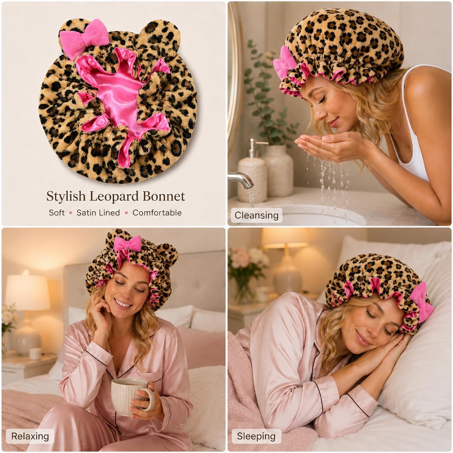 Satin Bonnet Hair Cap with Plush Trim, Cat Ears & Bow for Women