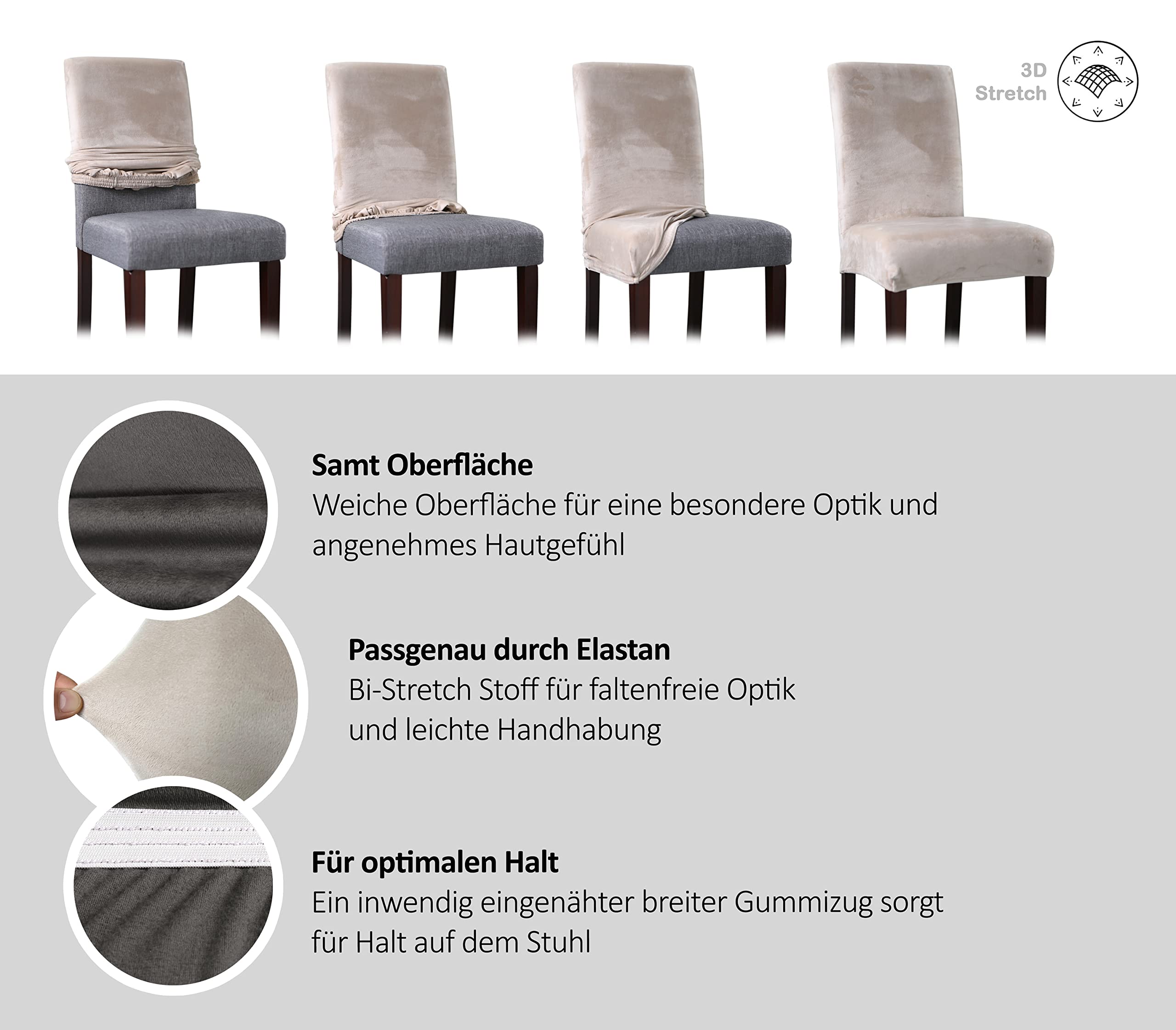 BEAUTEX Stuhlhussen Samt Stretch Stuhl & Schwingstuhl 4er Set Hellgrau LEA | 95% Polyester, 5% Elasthan, weiche Velours-Oberfläche, Rundum-Gummizug, 30 °C waschbar, faltenarm, formstabil & langlebig