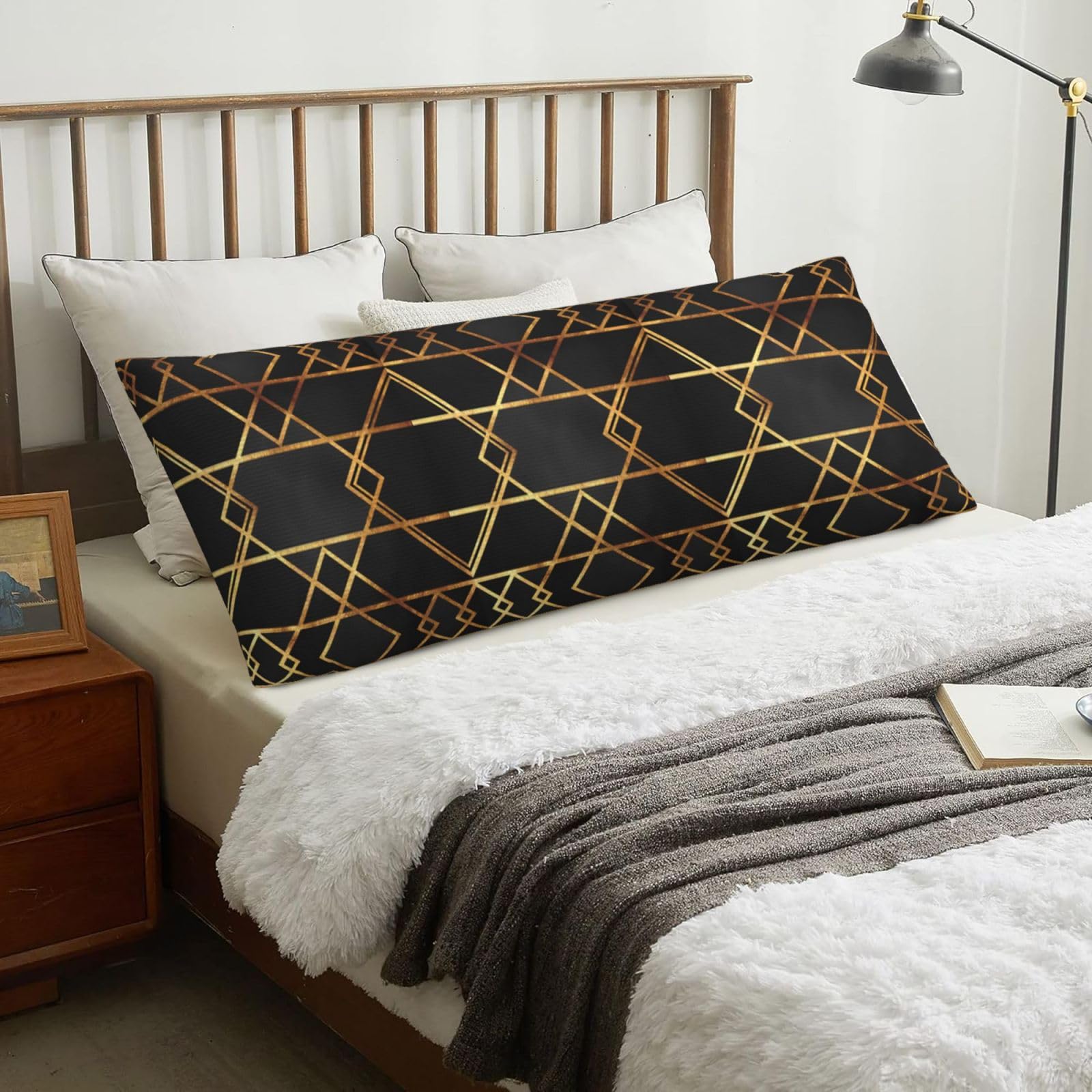 Black Gold Geometric, Body Pillow Cover with Zipper,Long Body Pillowcase 20 x 60 in