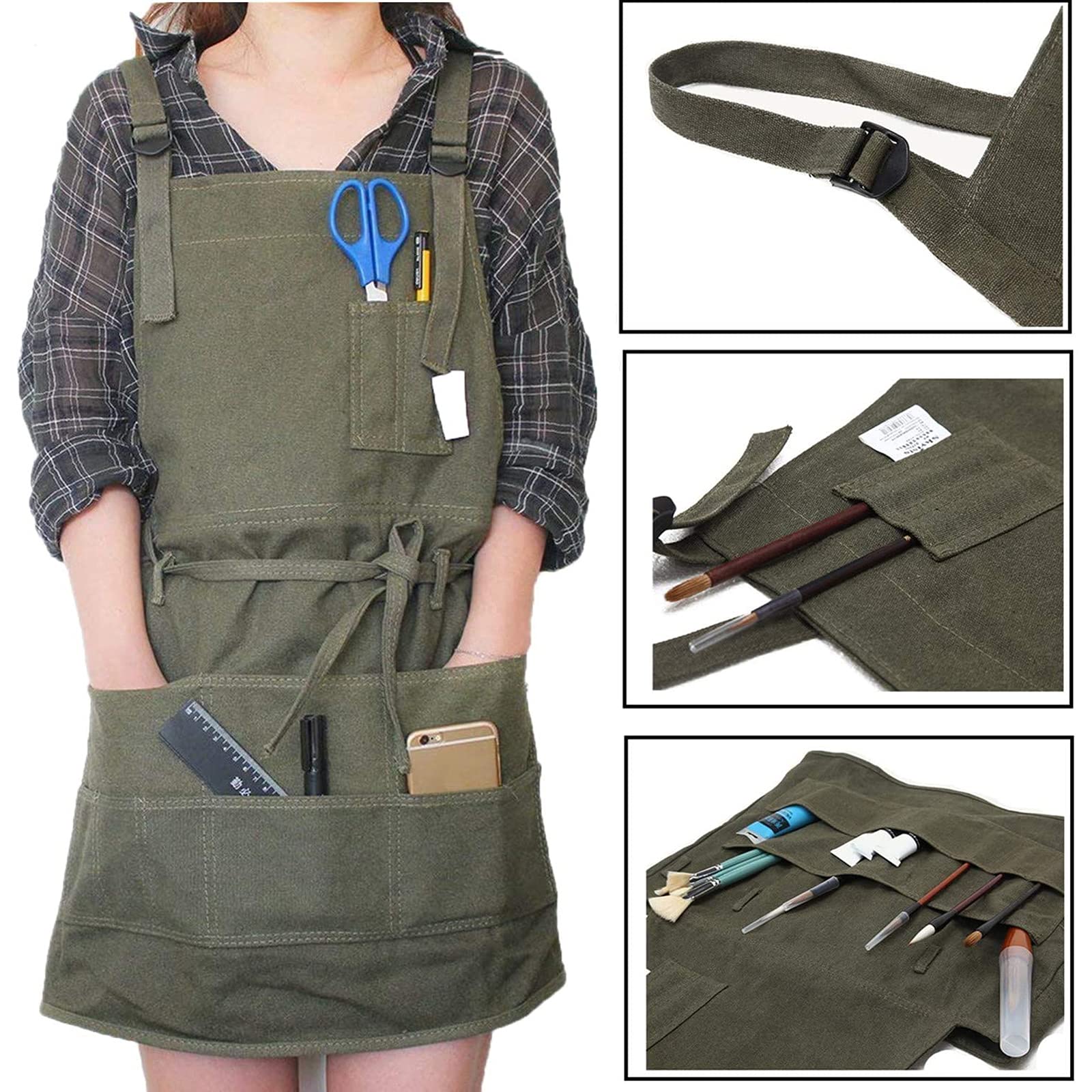 Delantal Ajustable Con Peto y Correas Cruzadas - Herramientas de Taller Con Bolsillos, Lona, Para Trabajo y Pintura de Artistas