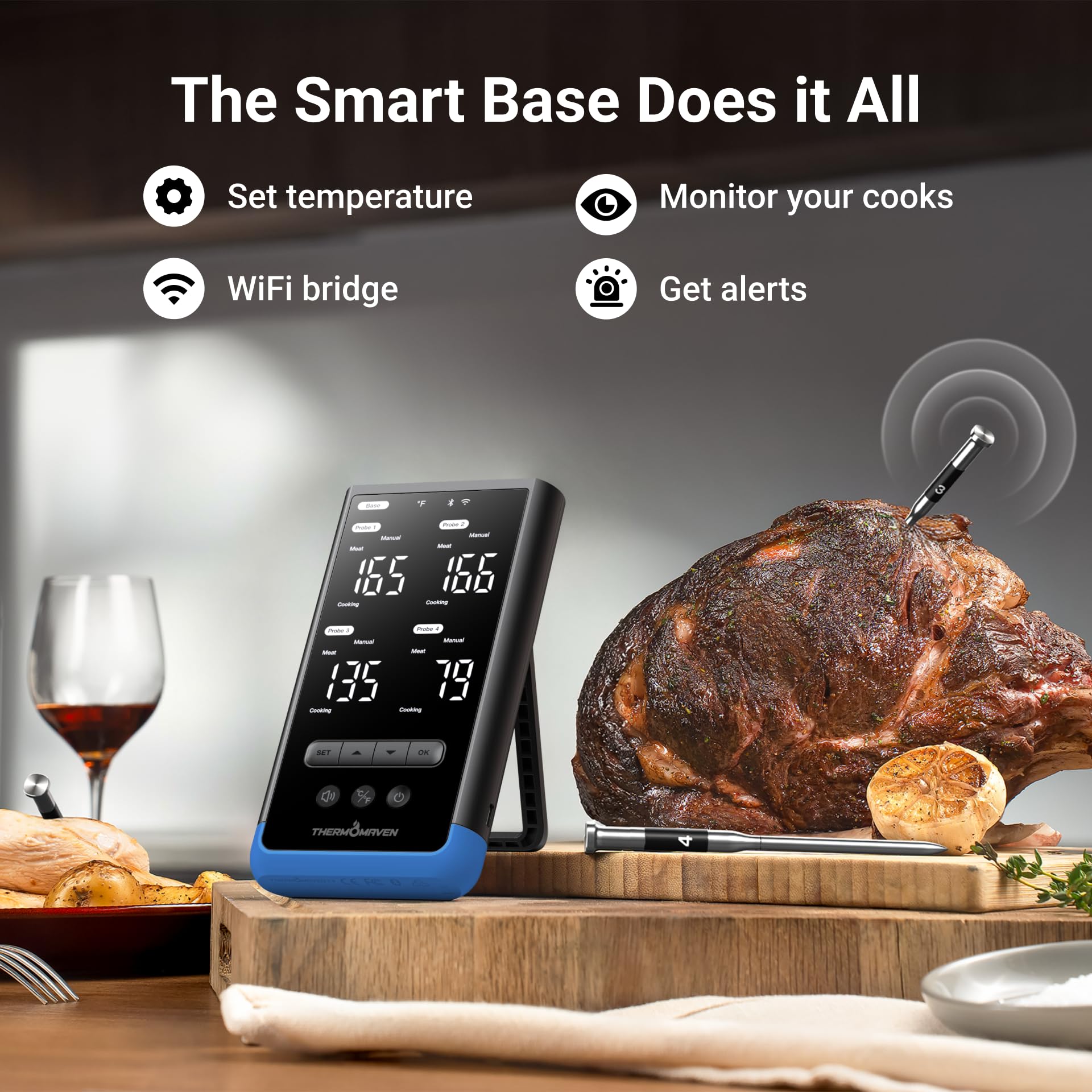 ThermoMaven Smartes Fleischthermometer Kabellose mit Basisstation, Bluetooth & WLAN, 4 Fühler, 6 Sensoren, NIST-zertifiziert, große, stabile WLAN-Reichweite, für Smoker, Backofen & BBQ, Elektroblau