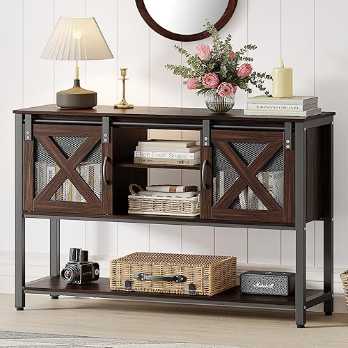linor Mesa de entrada de granja con 2 puertas correderas de granero, mesa consola de granja de 46 pulgadas con armarios de almacenamiento, espacio
