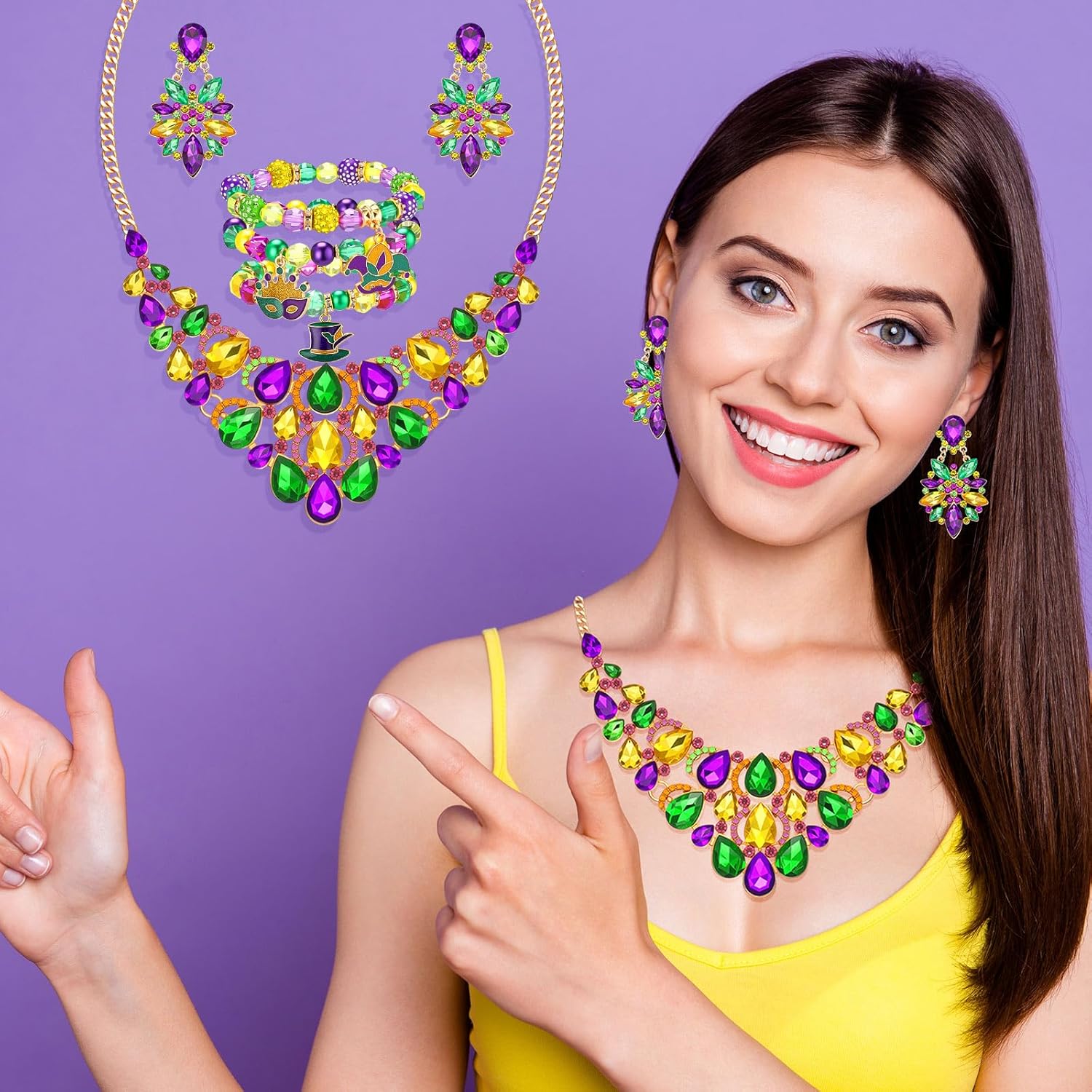5 Pcs Mardi Gras Necklace Bracelet Earrings Jewelry Set Mardi Gras Gift Women Rhinestone Beads Purple Green Gold - Image 6