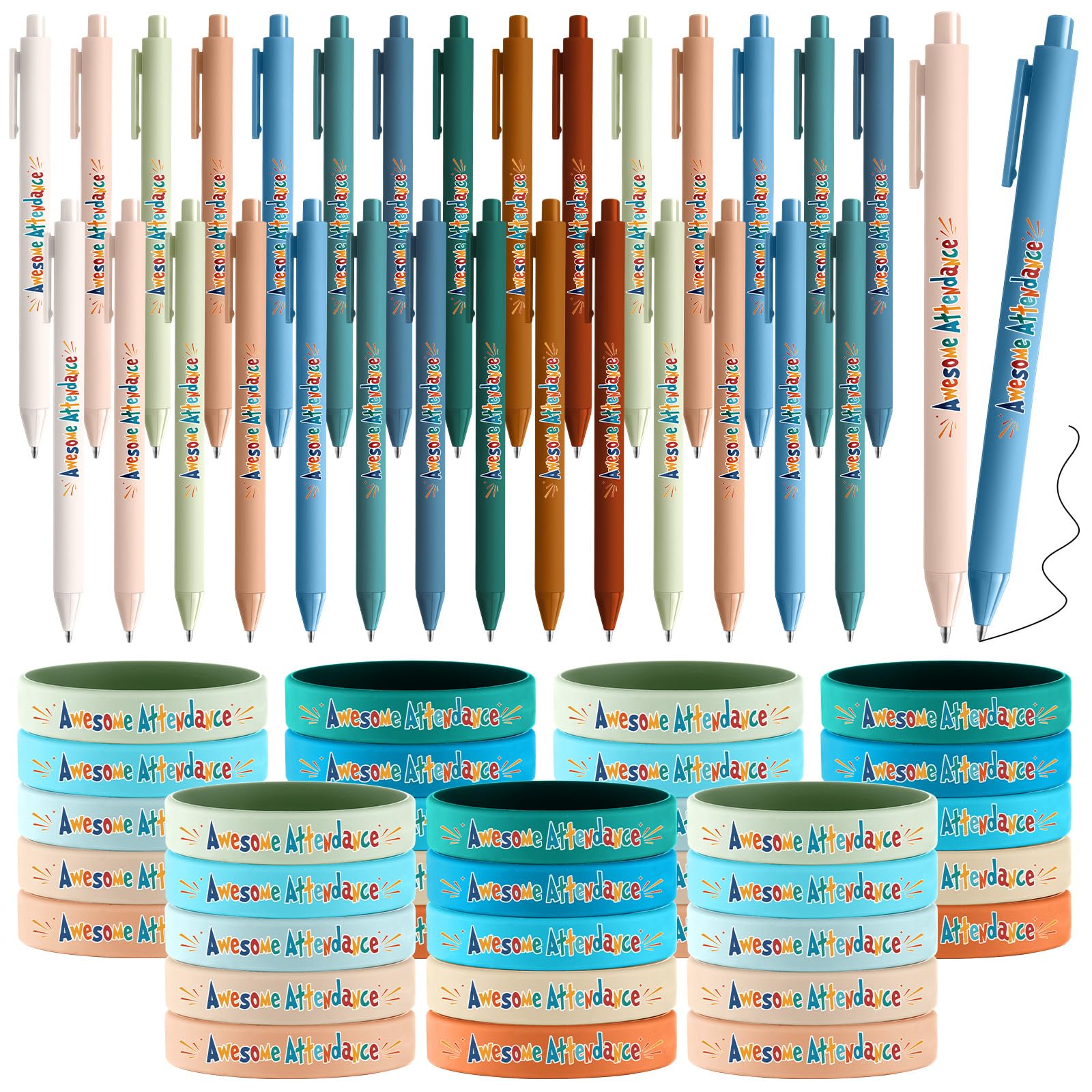 Dunzoom 120 Pcs Perfect Attendance Awards for Classroom Awesome Attendance Ballpoint Pens and Silicone Bracelets for Student Behavior Incentives Classroom Rewards Teacher Supplies