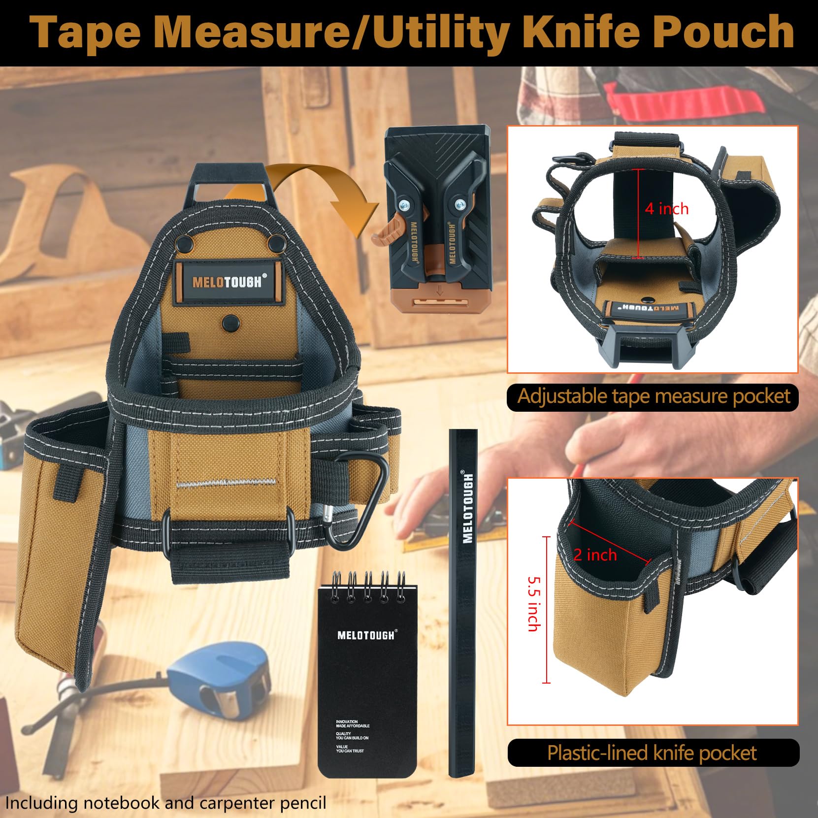 MELOTOUGH Pochette à ruban à mesurer/pochette à couteau utilitaire avec clip de ceinture, support de poche à clip pour couteau pour électrice/charpentier/entrepreneur/technicien