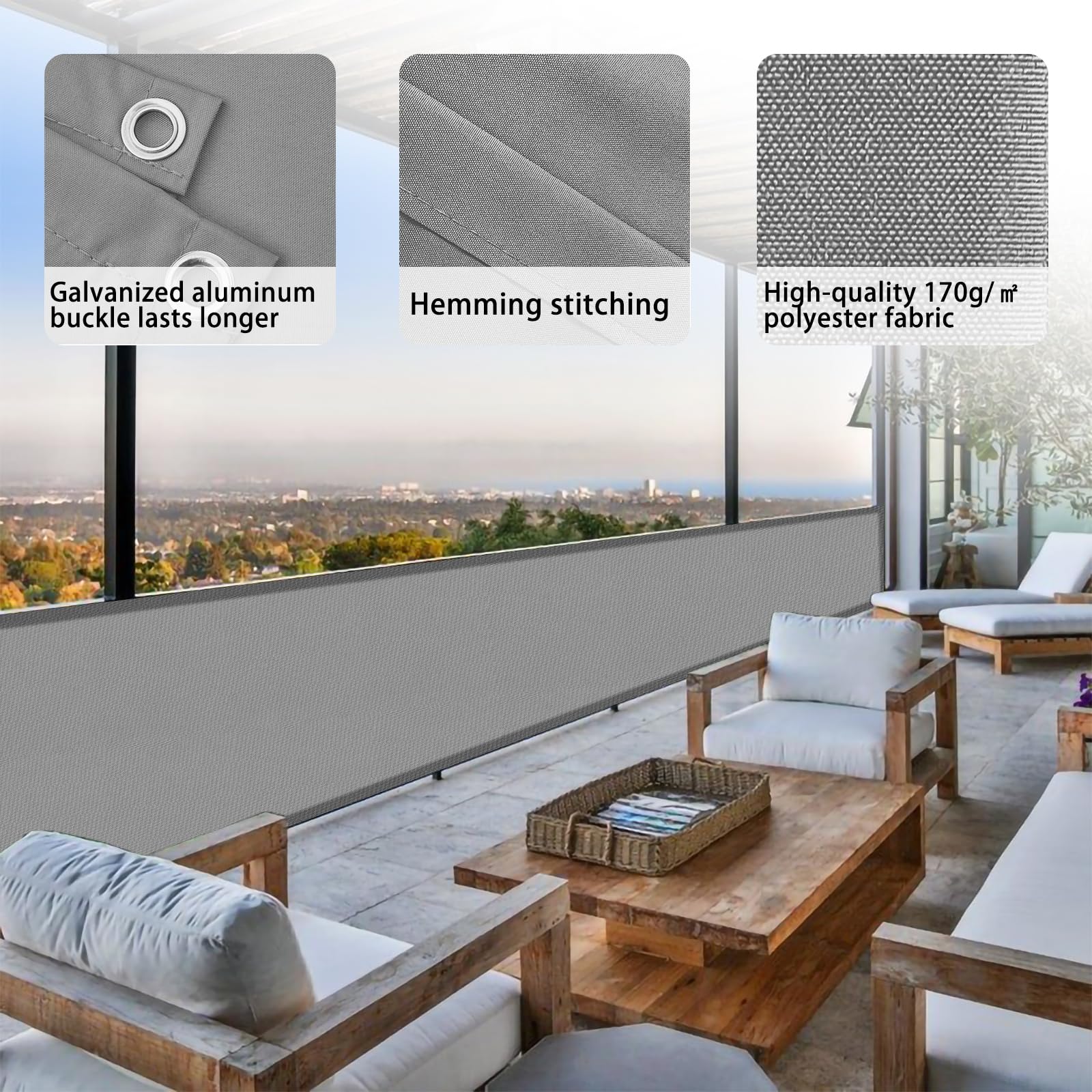 COOL AREA Frongivista per Balcone in PES, Impermeabile Anti-UV Recinzione Copertura per Balcone Giardino,75x600cm,Grigio Chiaro