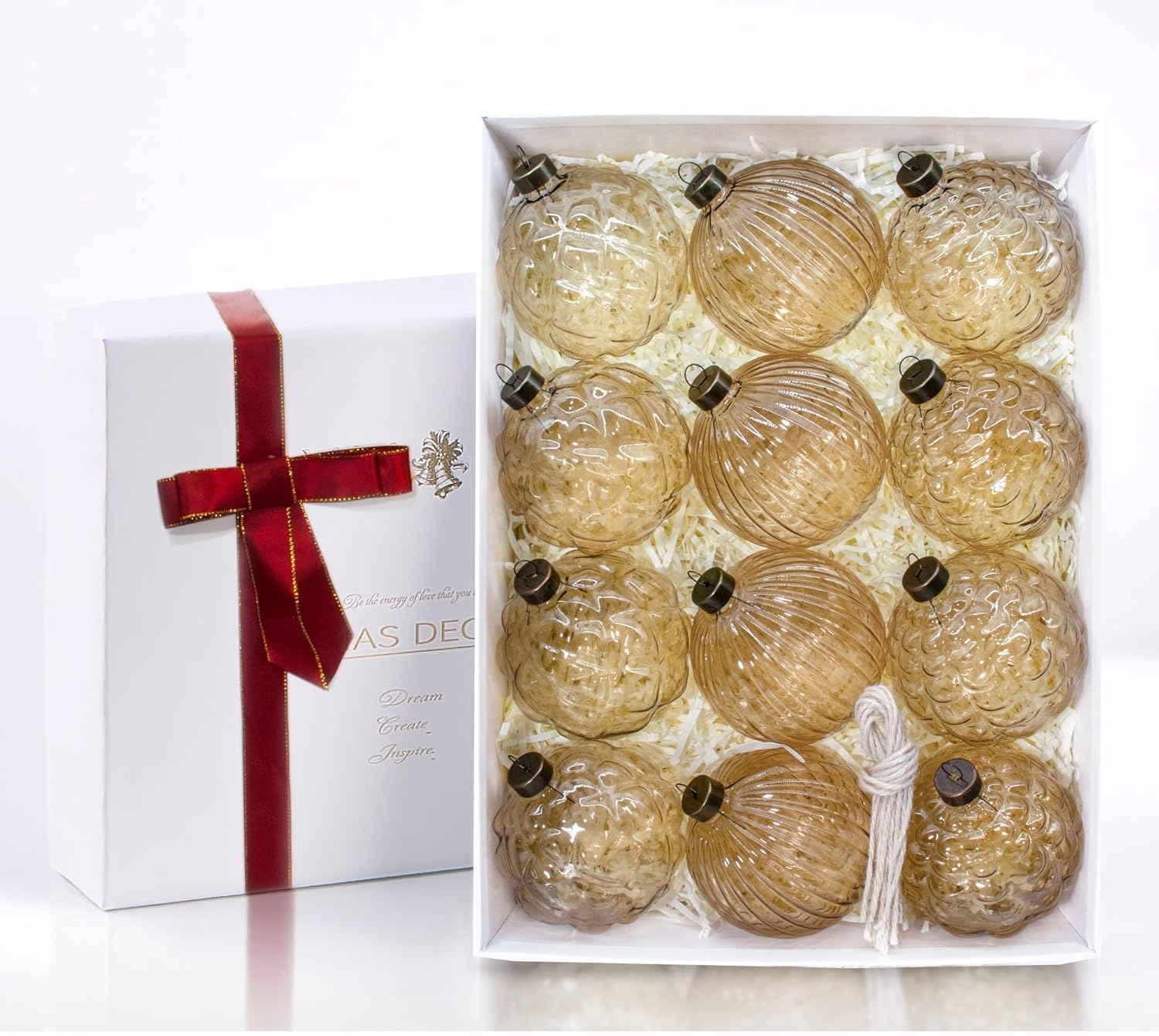 12PCS Champagne Gold Glass Christmas Ornaments, 3.15” Textured Glass Ball Ornaments, Vintage Baubles, Rustic Farmhouse Holiday Decorations for Christmas Tree, Wreaths & Garland (Smoky Brown)