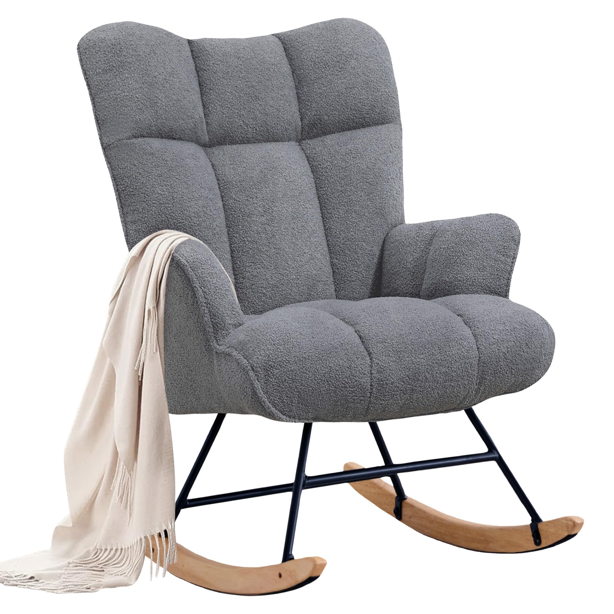 XH.Easy Go Rocking Chair Nursery Teddy Upholstered Glider Rocking Accent Chairs Padded Seat with Rubber Wood Legs Armchair Comfy Side Chair for Living Room Bedroom Offices (DarkGrey Teddy) — image 1