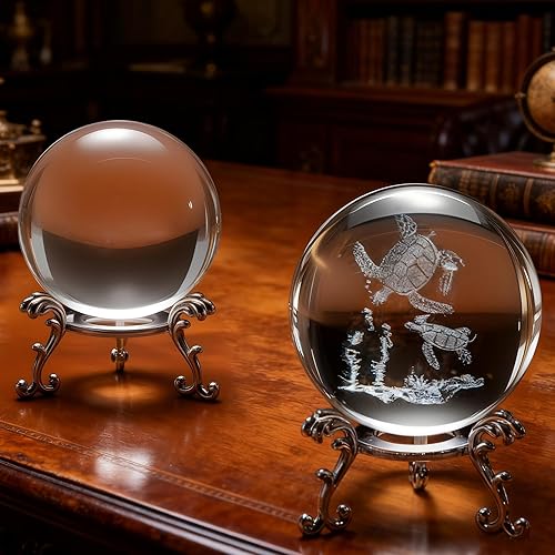 Miniatura 4 de 2 bolas de cristal de tortuga marina 3D, grabadas con láser, K9 de 2.362 in, base de trípode de hierro plateado para decoración del océano y regalos