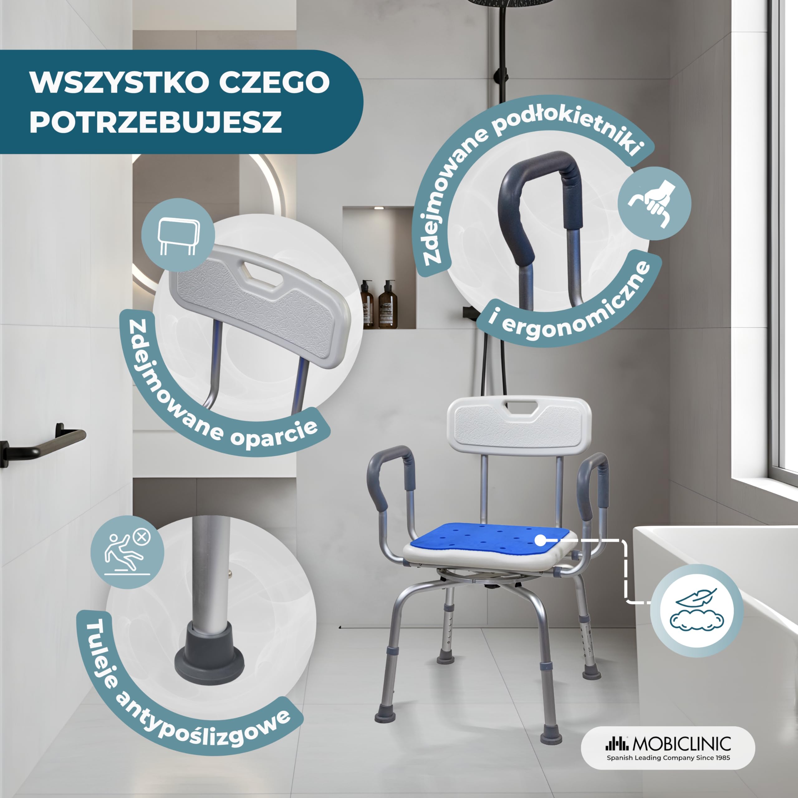 Mobiclinic®, Krzesło do Wanny Obrotowe 360°, Podłokietniki i Oparcie, Regulowana Wysokość, Siedzisko z Podkładką EVA, Antypoślizgowe Nakładki, Aluminium, dla Seniorów, Ograniczona mobilność, Akila