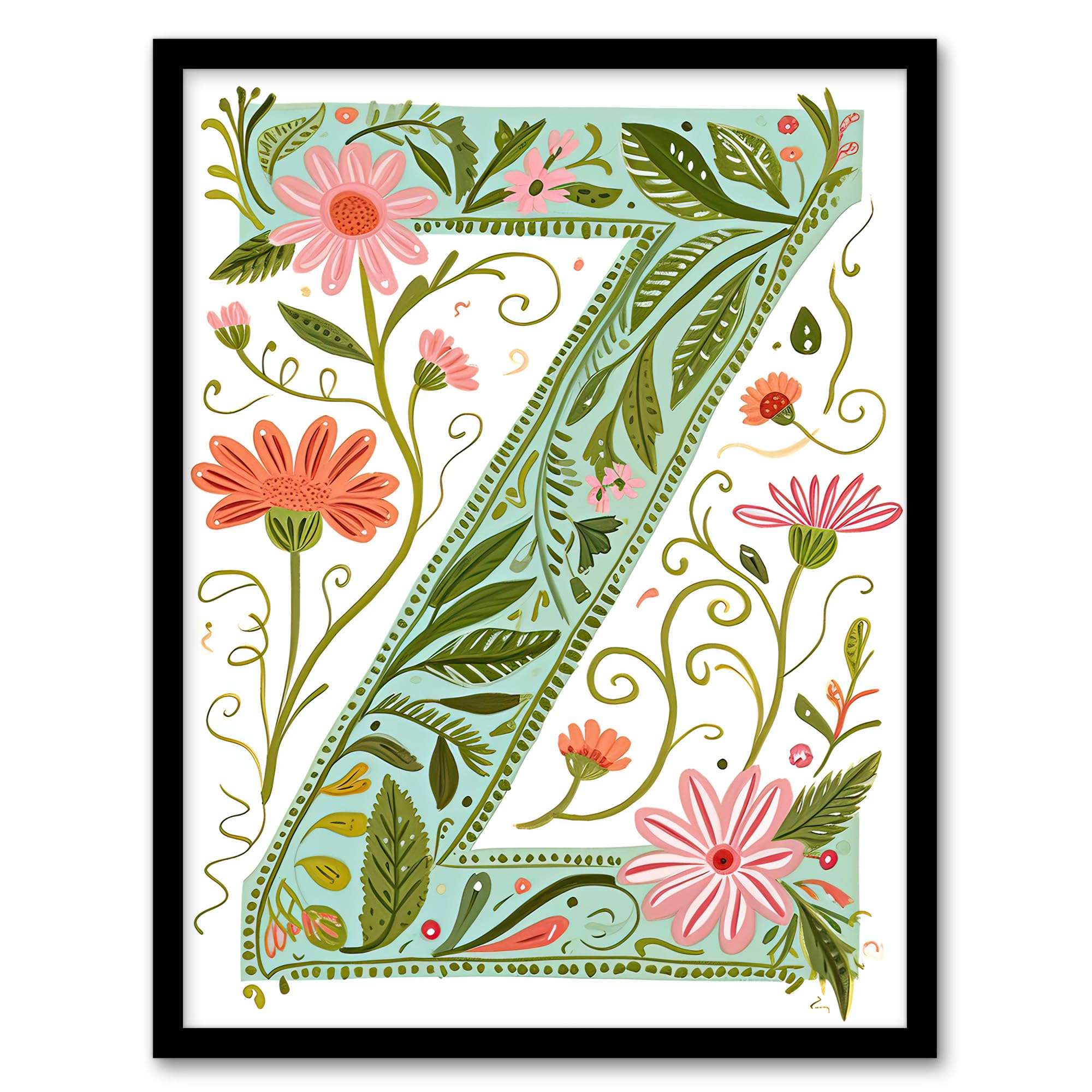 Artery8 Watercolour Letter Z Floral Word Art Print - A4 Framed