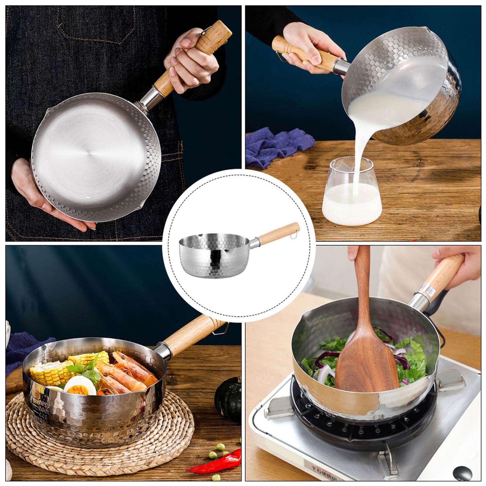COLLBATH Pentola in Acciaio Inox Manico in Legno, per Latte e Alimenti per Bambini, Multiuso, Anello per Appendere, per Casa e Hotel