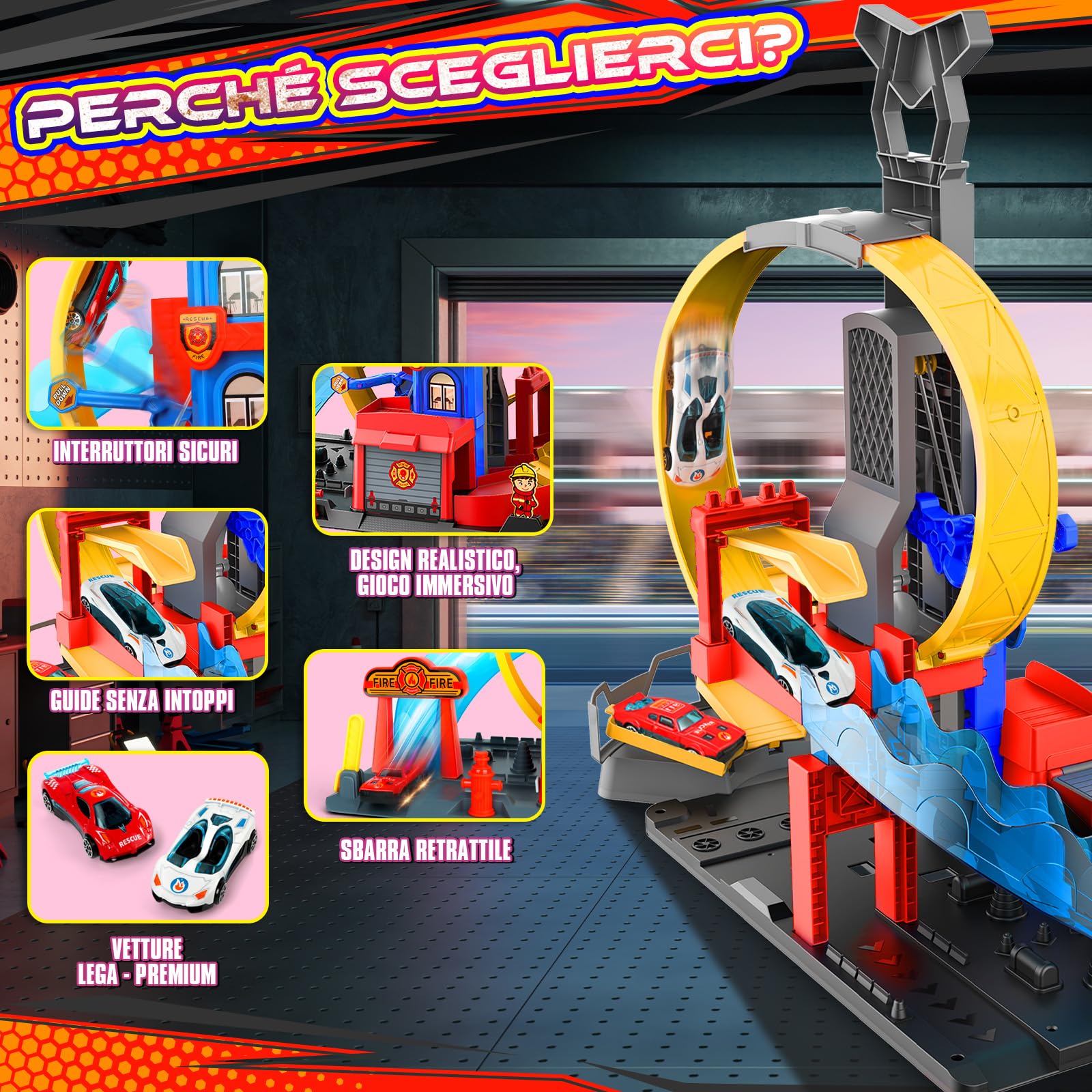 Charmofun City Caserma dei Pompieri con Super Loop, Set di Pista per Macchinine con 4 Macchinine, 3 Parcheggi, Piste con Ascensore e Luci e Suoni, Circuito a Lancio Giocattolo per Bambini dai 4 Anni