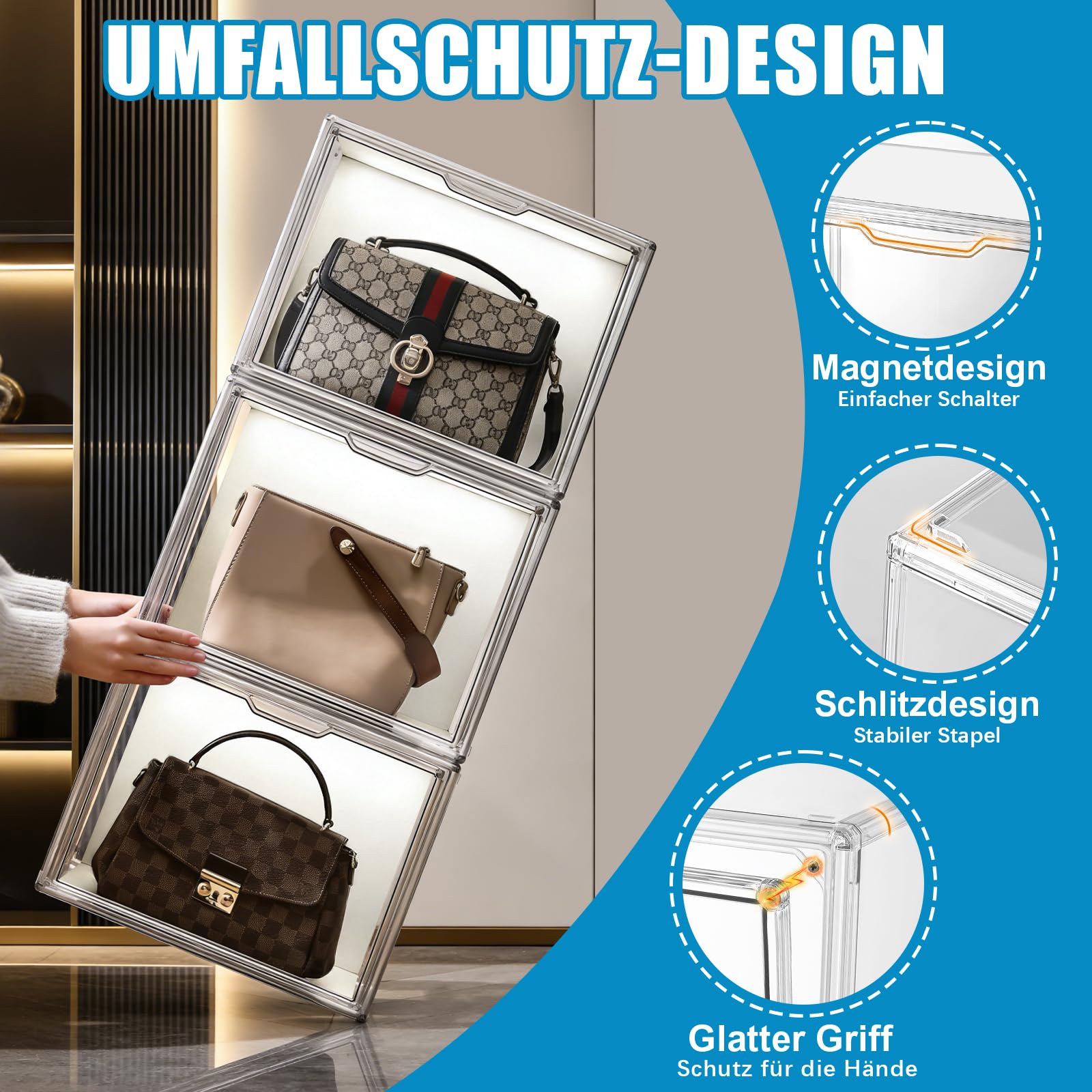 Transparente Stapelbare Aufbewahrungsschubladen mit Magnetischer Tür | 4 Pack Handtaschen Organizer mit LED, Handtaschen-Organizer für Schrank, Spielzeug-Organisation und Ausstellung L