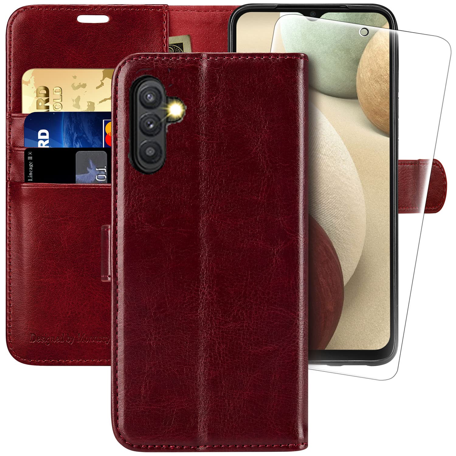 MONASAY Wallet Case Compatible for Galaxy A54 5G, [Included Glass Screen Protector][RFID Blocking] Flip Folio Leather Cell Phone Cover with Credit