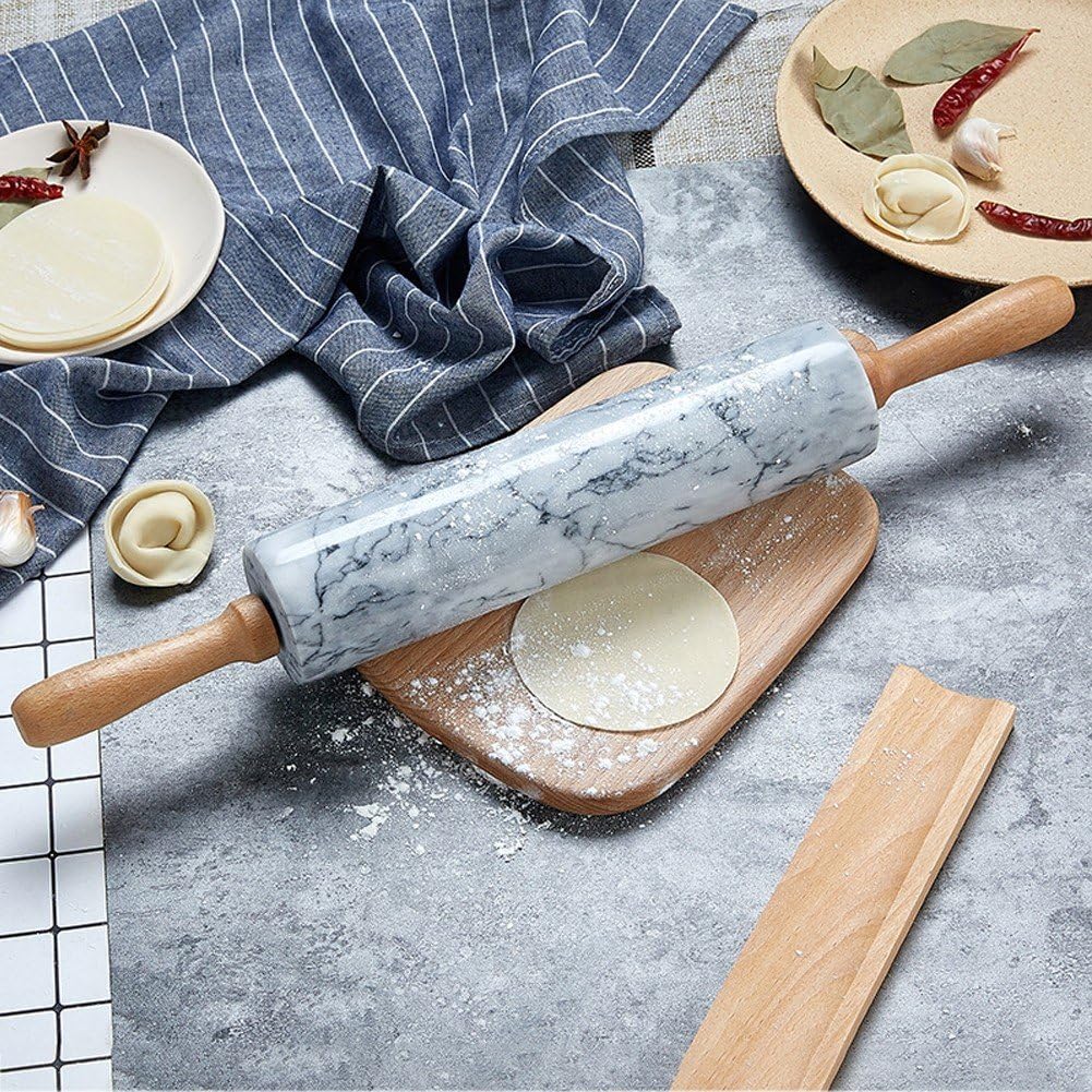 Mattarello in Marmo con Culla in Legno Manico Spesso Set per Cottura Forno, Rullo Lucido di qualità Premium 45 Cm per Impasto della Pizza, Fondente, Crosta di Torta, Superficie Antiaderente