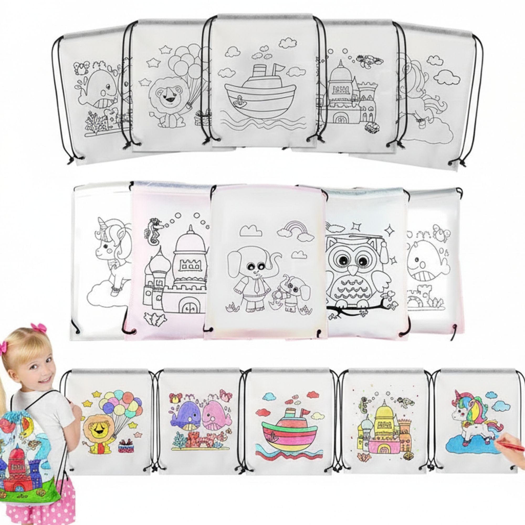 Birthday Popper 15 Pcs Doodle Colouring String Bags for Kids as Birthday Return Gifts | Assorted Theme Drawstring Backpacks | DIY Coloring Activity Bags for School Picnic & Craft Fun -28 x35.5 cm-image-33